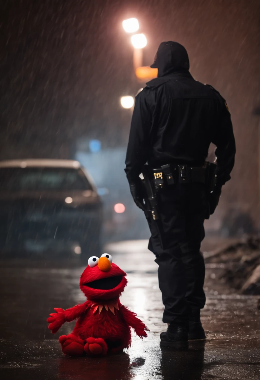 Elmo who is a red puppet with a orange nose is wearing a black hoodie in the pouring rain sitting down he is upset looking down at the ground it’s night time and u can see the rain going down he is upset and there is a gun in his hand and he is in hand cuffs with a pig puppet with make up in a police uniform in the cop car telling him to get in the background he is a grown up he is and adult
