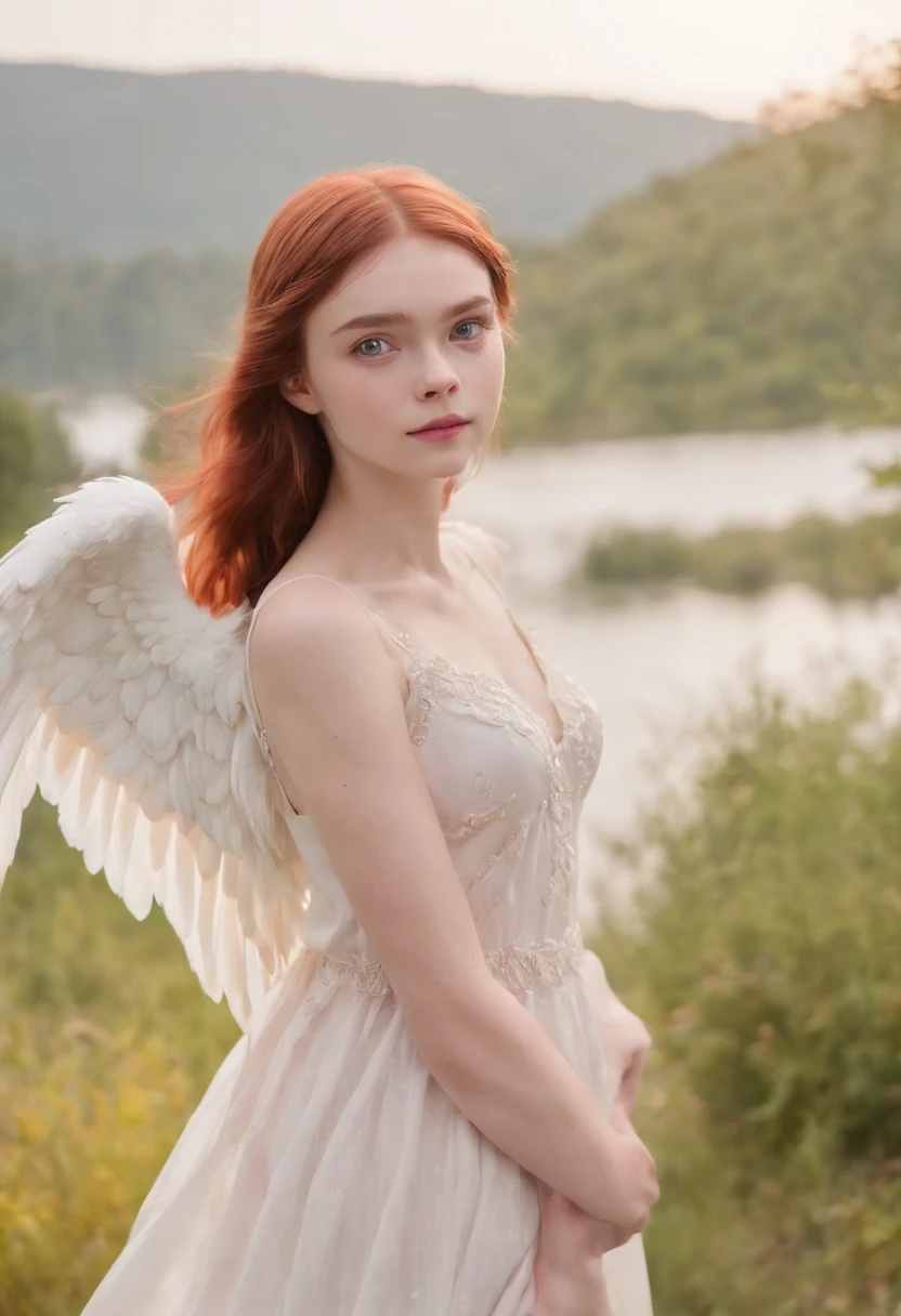 (((A deep reddish scar runs on her left cheek))) light skinned, ,Natural pink hair、characteristic green eyes,, slender and graceful,,,,,,,,, Beautiful, candle light, Ultra Sharp Focus, realistic shot, white cotton dress,Bokeh、Cute face tetradic color (Scar:1.4)、(((large angel wings on the back)))、(((Elle Fanning)))、Light coming in from behind、Imperial Light、,15yo studen(Crystal clear skin)))、Sauce order、hitornfreckles、low nose、big-eyed