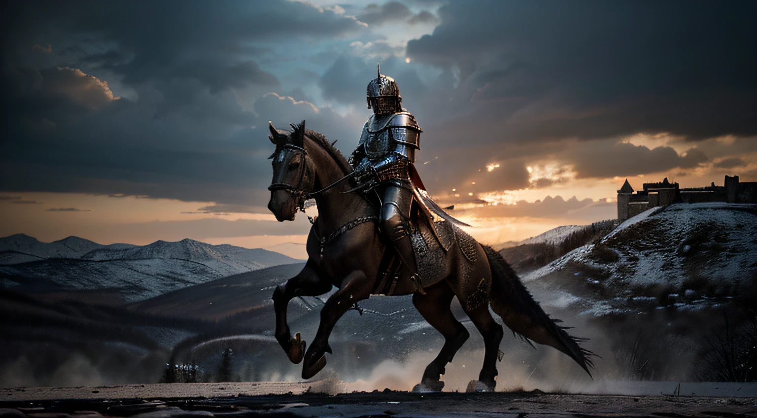 Create a picture of a medieval inpisied ultra detailed photographic artwork  reminiscent of gothic style featuring knights in shining armor battling fierce  dragons amidst a backdrop of intricate castles and enchanting landscape. 50, --v 5.2HDR, UHD 32k. --AR 16:9. seed 777 --s 2