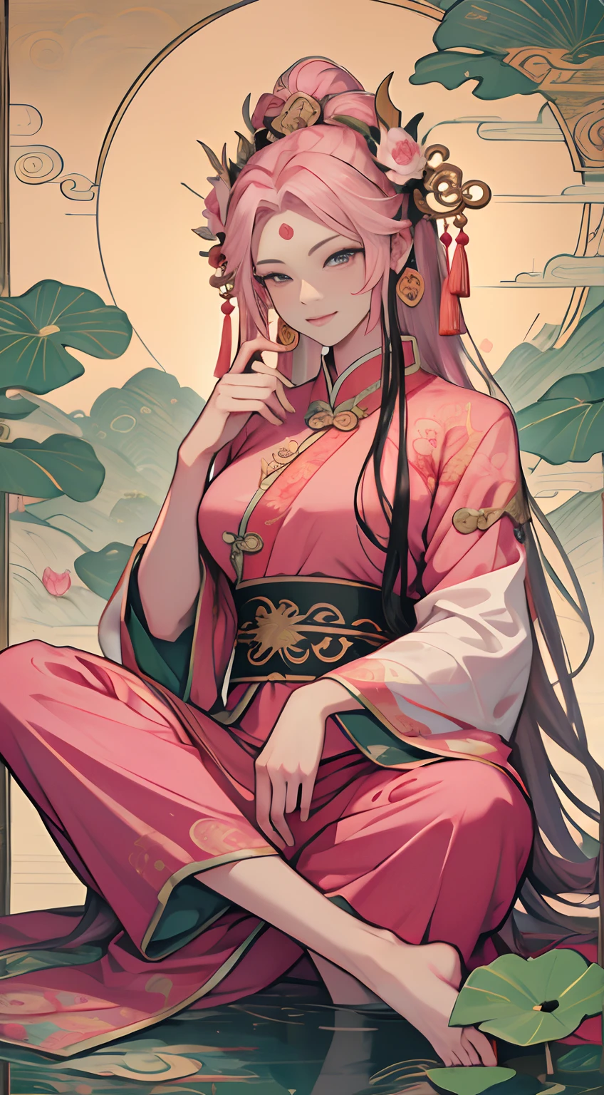 ancient chinese goddess, pink there、guanyin of the southern seas, guanyin, Inspired by India, Avalokiteşvara rides a dragon,,serene expressions,shui mo hua,Buddha,budista,lotuses,chinese painting style,Thangka style、pink there