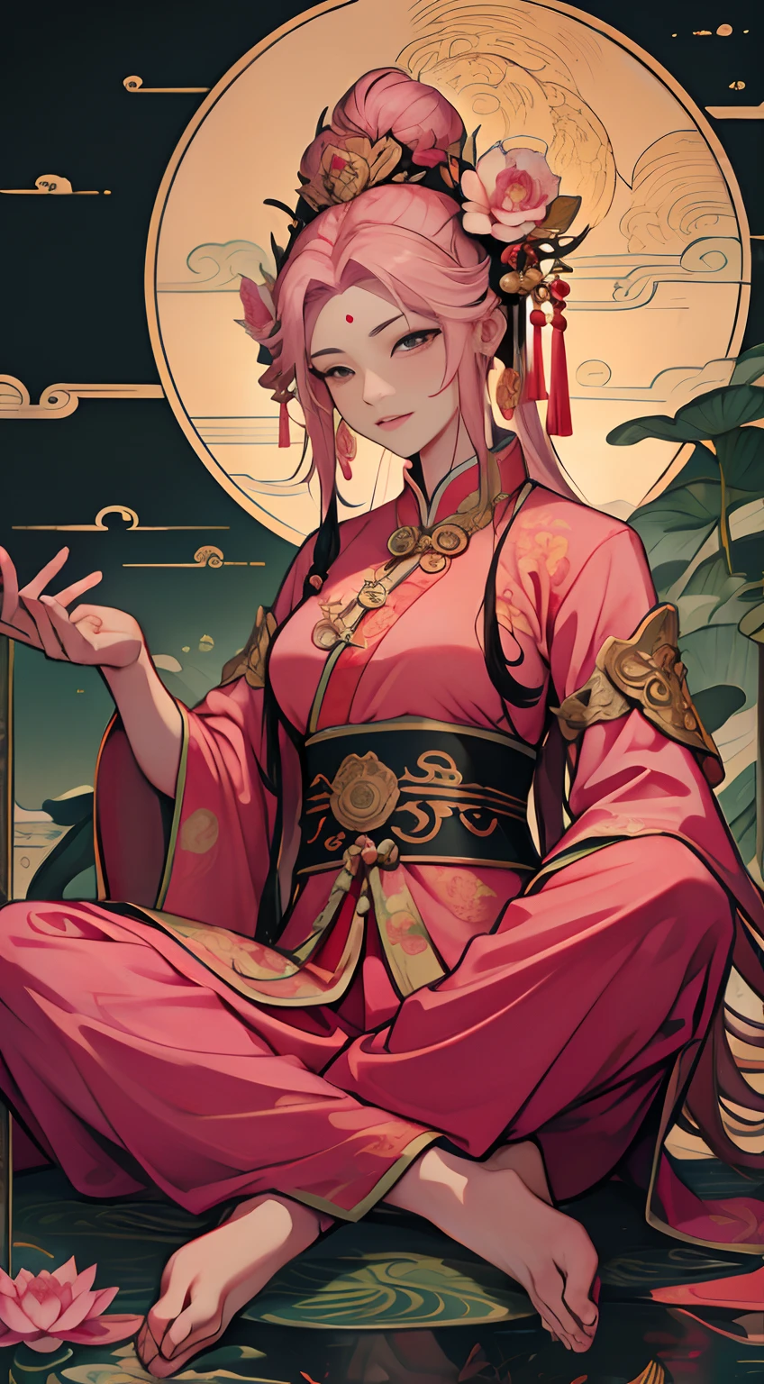 ancient chinese goddess, pink there、guanyin of the southern seas, guanyin, Inspired by India, Avalokiteşvara rides a dragon,,serene expressions,shui mo hua,Buddha,budista,lotuses,chinese painting style,Thangka style、pink there