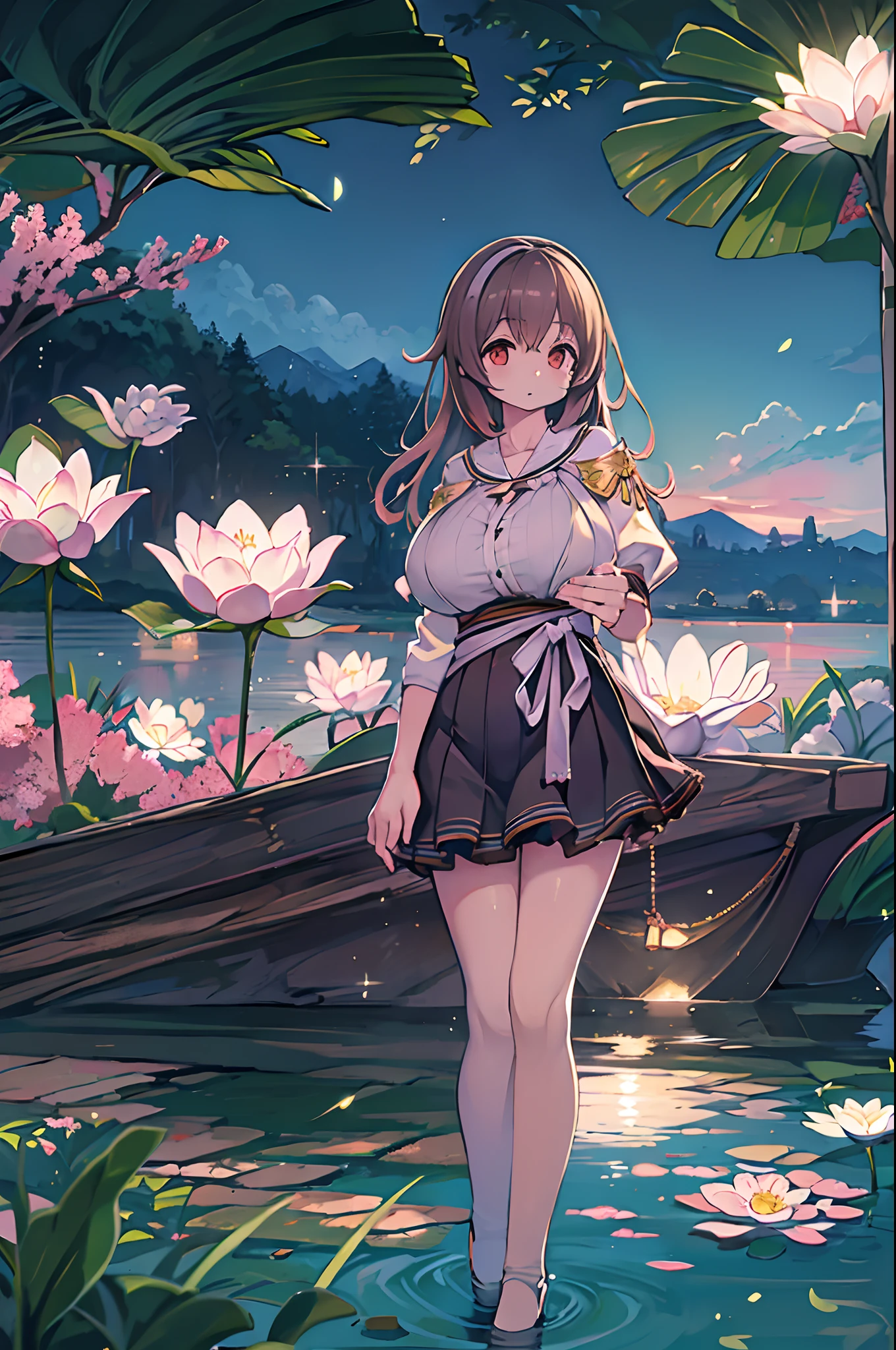 (High quality, 8K, Original Character), (fact: 1.5), (masutepiece, Best Quality, High resolution: 1.2), girl, summer evening, (smooth texture of stockings: 1.5), sexy skirt, Delicate eyes, Delicate images, Boat, River, Face to camera, A large lotus flower blooms behind it, Moonlight, Breeze, fireflys