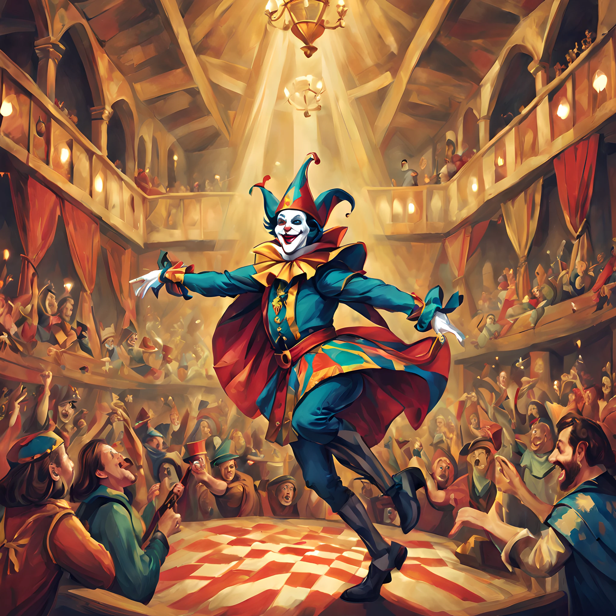 Composition: Craft a lively and engaging composition that captures the spirit of a medieval comedy theater. The composition should be full of energy and humor, setting the stage for the Jester's performance.

Character: Illustrate a mischievous and colorful Jester, dressed in traditional harlequin attire. The Jester should exude charisma and whimsy, ready to entertain with their antics.

Background: Place the Jester in the bustling environment of a medieval comedy theater. Surround them with an enthusiastic audience, grand tapestries, and the rich ambiance of the era. The high-resolution image should bring to life the vibrant and comical world of the Jester.