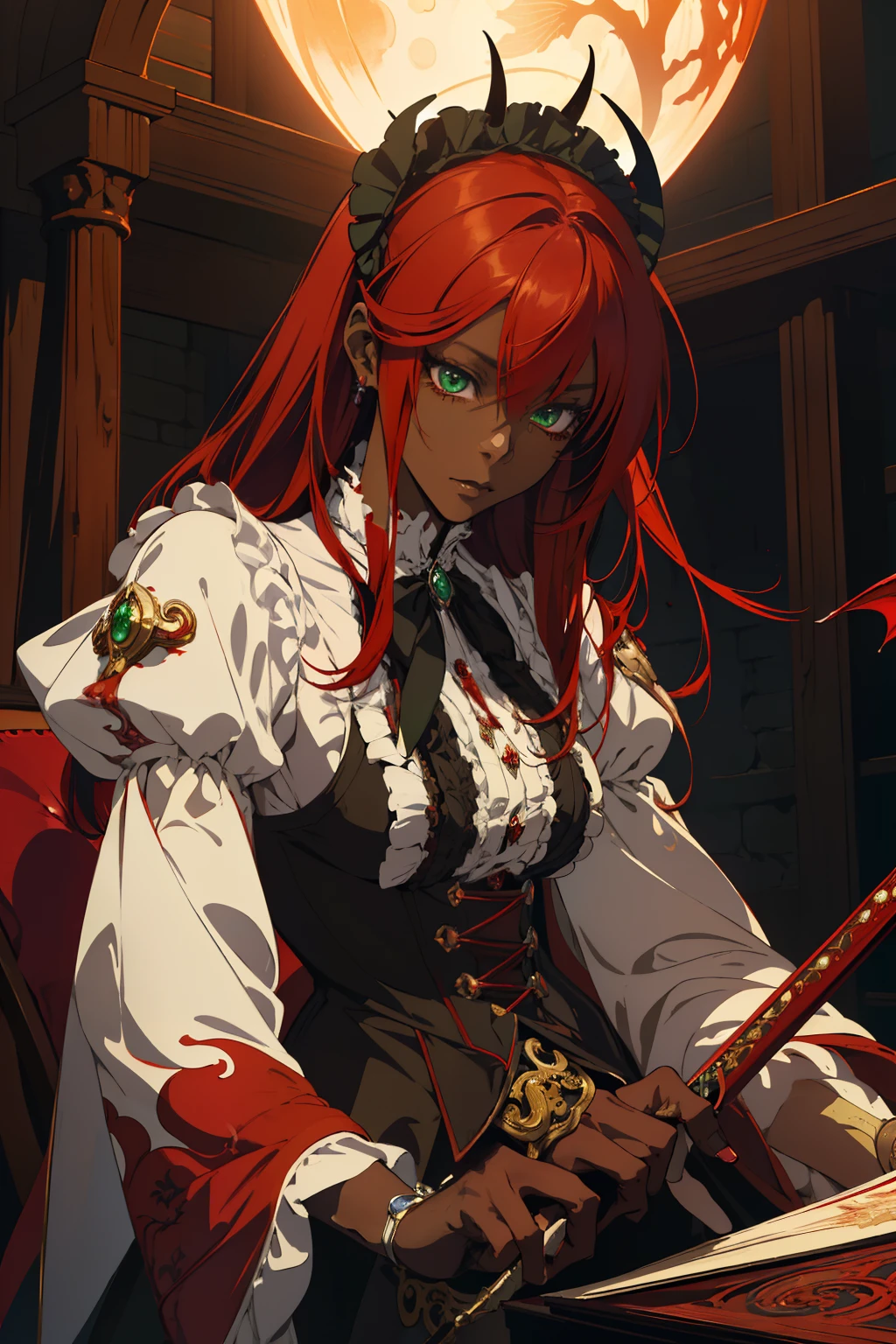 masterpiece, (absurdres:1.1), best quality, extremely delicate, VictorianRegal Victorian era character masterpiece, (absurdres:1.1 realistic rendering, Dungeons and Dragons, Fantasy, Victorian era octane rendering, zbrush. Character design, photorealistic, unreal mechanism, hyperdetailed, concept art, anime girl with red hair and green eyes DARK SKIN marin kitagawa fanart, inspired by Li Chevalier, 1 7 - year - old anime DARK SKIN TONE yayoi kasuma, demon slayer rui fanart, gothic maiden anime girl, erza scarlet as a real person, she has red hair, rias gremory DARKER SKIN warrior fighter bloody spear