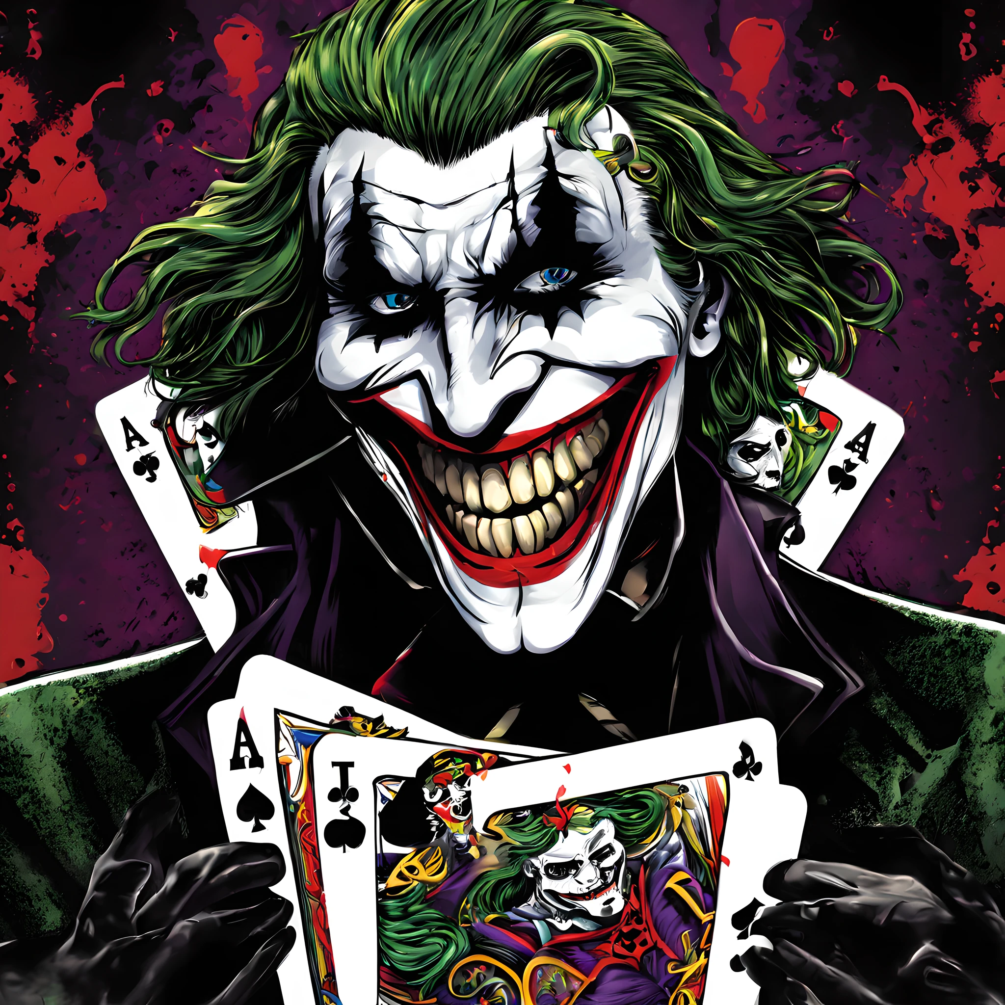 Joker, card, splash playing cards background, at casino, wearing death metal band look,