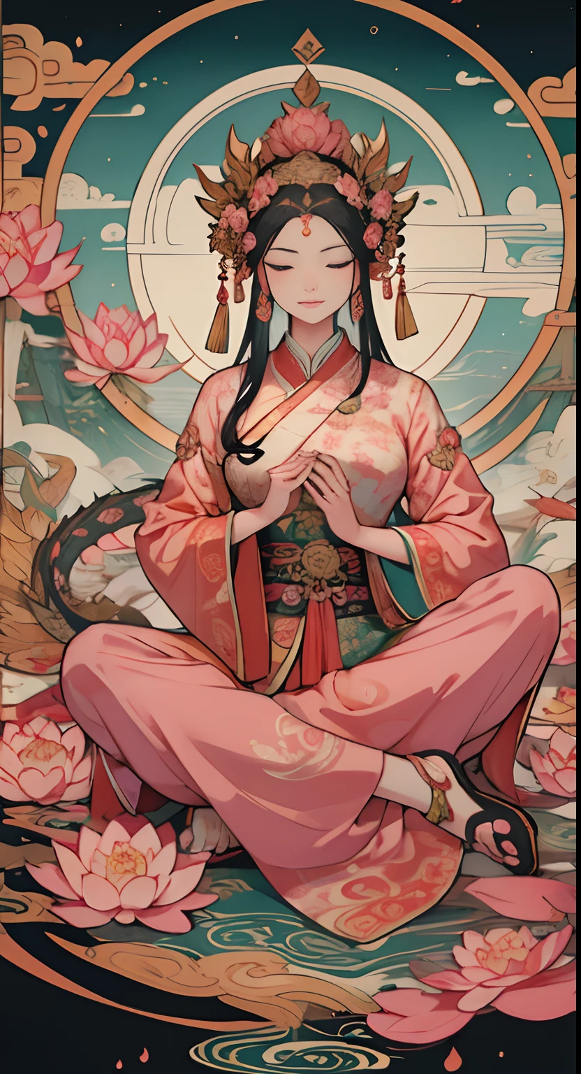 ancient chinese goddess, pink there、guanyin of the southern seas, guanyin, Inspired by India, Avalokiteşvara rides a dragon,,serene expressions,shui mo hua,Buddha,budista,lotuses,chinese painting style,Thangka style、pink there
