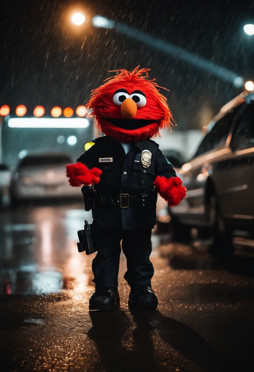 Elmo who is a red puppet with a orange nose is wearing a black hoodie in the pouring rain sitting down he is upset looking down at the ground it’s night time and u can see the rain going down he is upset and there is a gun in his hand and he is in hand cuffs with a piggy puppet with make up in a police uniform in the cop car telling him to get in the background he is a grown up he is and adult he there are a bunch of cops and cop cars in the background and the news station is there