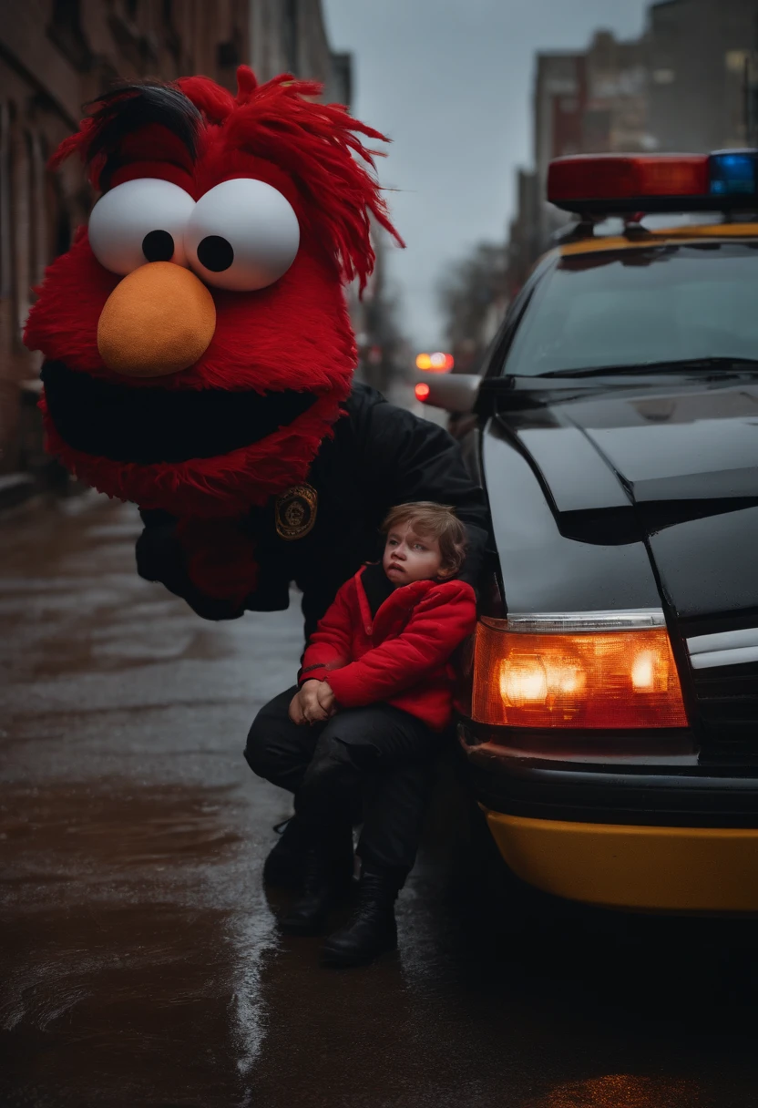 Elmo who is a red puppet with a orange nose is wearing a black hoodie in the pouring rain sitting down he is upset looking down at the ground it’s night time and u can see the rain going down he is upset and there is a gun in his hand and he is in hand cuffs with a piggy puppet with make up in a police uniform in the cop car telling him to get in the background he is a grown up he is and adult he there are a bunch of cops and cop cars in the background and the news station is there