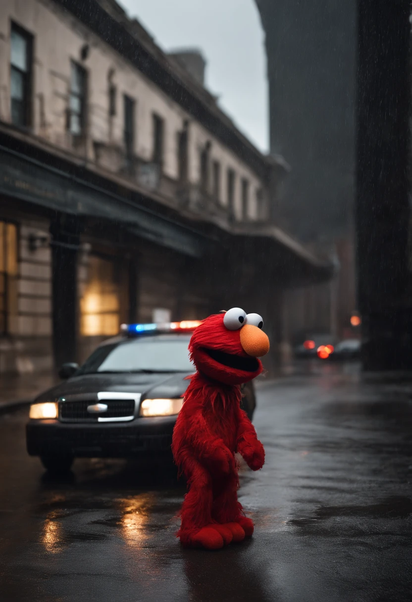 Elmo who is a red puppet with a orange nose is wearing a black hoodie in the pouring rain sitting down he is upset looking down at the ground it’s night time and u can see the rain going down he is upset and there is a gun in his hand and he is in hand cuffs with a piggy puppet with make up in a police uniform in the cop car telling him to get in the background he is a grown up he is and adult he there are a bunch of cops and cop cars in the background and the news station is there