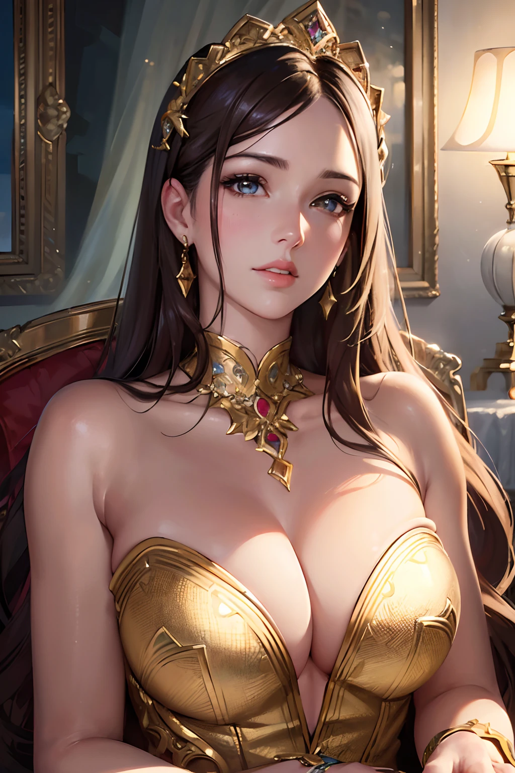 (best quality, high-res, ultra-detailed, realistic), oil painting, detailed eyes, detailed lips, delicate facial features, vibrant colors, soft lighting, elegant pose, serene expression, refined beauty, flowing dress, dynamic brushstrokes, intricate floral patterns, golden accents, lifelike texture, professional artwork, professional studio lighting, romantic atmosphere.