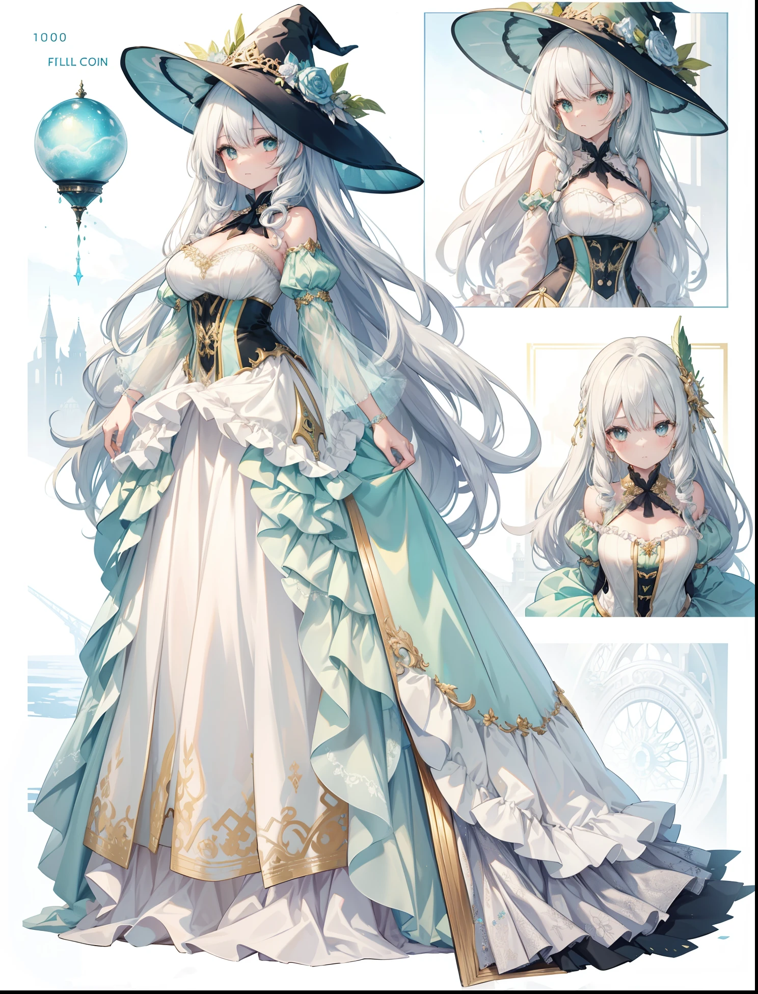 Ultra-realistic photo of a girl in a majestic pastel green and gold-black ball gown dress,((the witch)) Big beautiful dress, Complex puffy ball gown with lots of frills and rhinestones (Best Quality, masutepiece, art  stations, Fantasy Art:1.2), Palace rooms, Beautiful cute girl, (long white hair:1.1), (Complex short gold skirt, Bare legs:1.2, Full body shot)