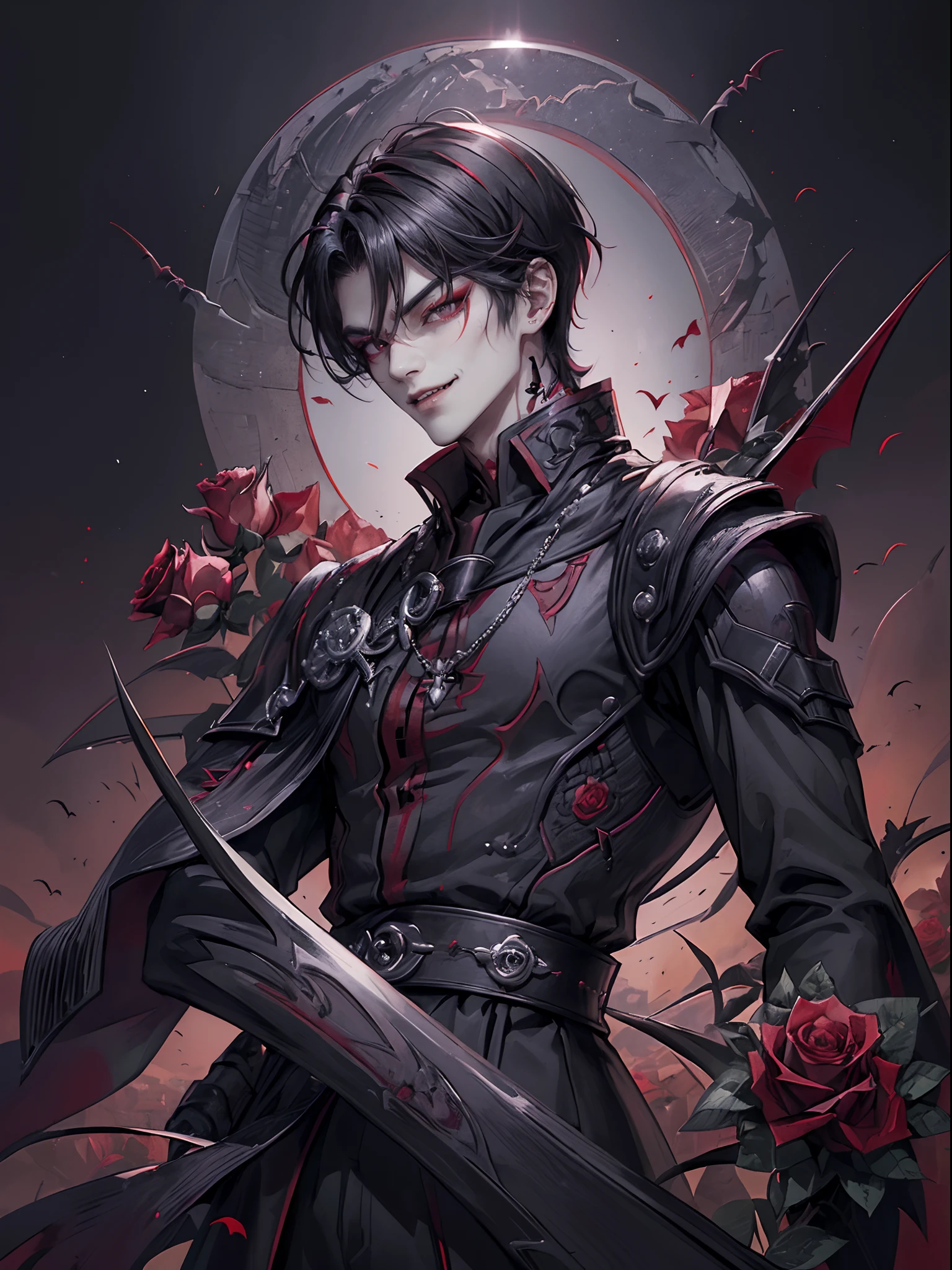 ((4K works))、masterpiece、(top-quality)、((high-level image quality))、((One beautiful vampire man))、Slim body、((Vampire Black Y-Shirt Fashion))、(Detailed beautiful eyes)、((Red roses and crows on fantastic black background))、Inside the Evil Castle、((Face similar to Chaewon in Ruseraphim))、((short-haired))、((bright silver hair))、((Smaller face))、((Neutral face))、((Red Eyes))、((Korean Male))、((18year old))、((wild boy))、((Show your teeth and smile))、((Korean makeup with black eyeshadow))、((elongated and sharp eyes))、(((Shot alone)))、((Vampires))、Vampire Photos、Villain、Dark Proof、((Shot diagonally from the side))、Vampire Pose