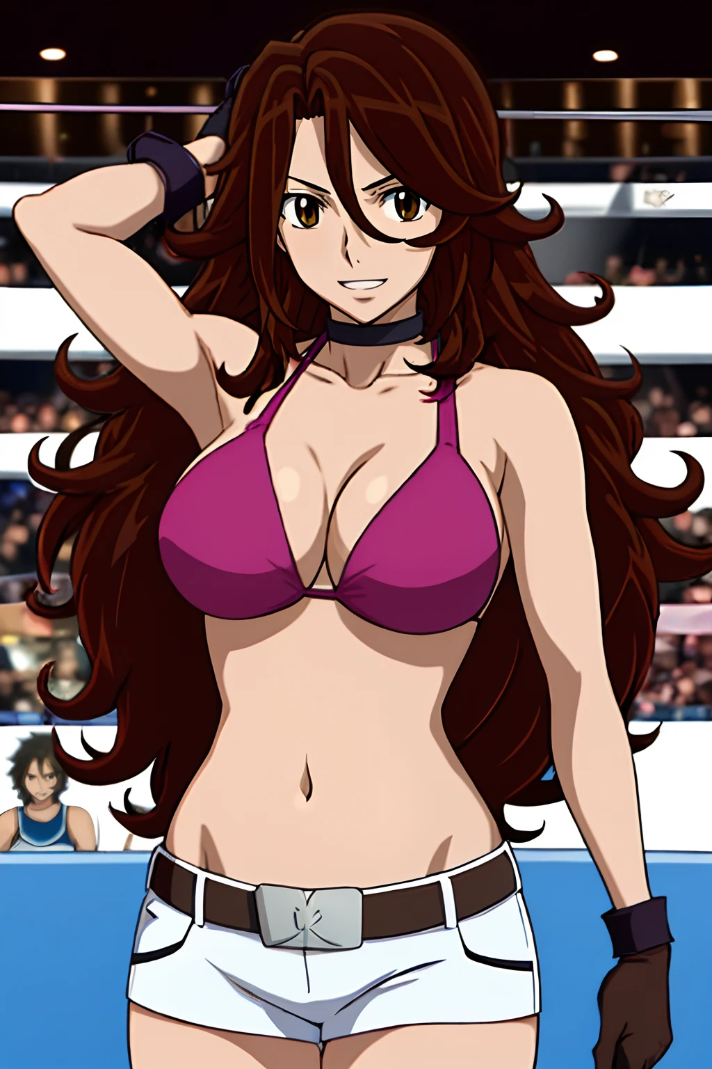 curvy midsection, solo, 1 girl, female wrestler, ultra toned arms, smile, ), (detailed titration screen, upper body only, anime style: 1.8, anime drawing, ultra detailed face, ultra detailed body, 4k, Sumergai Lee Noriega, (standing), best quality, anime style, hires, highest definition, digital blending, bold drawing lines, ((wwe diva), ((location: wrestling arena, crowds watching)), ( pro female wrestler, slim body, (little biceps), , off-shoulders, closed fists, (very curvy: 2.8)), ((elegant bikini , shorts, white gloves, collar, arm band, (champion belt))), (pale skin, big breasts, widely open mouth, teeth), (big eyes, brown eyes, shiny eyes), (), (brown hair, loose hair, curly hair, wavy hair, long hair, missy hair), 27 years old