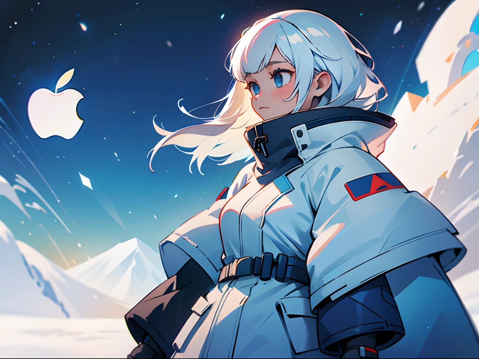 apple inc if it was a girl character, white hair, winter clothes ((solo character)), future background