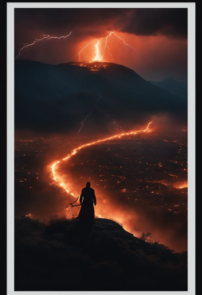 Person on a hill watching a city on fire during a lightning storm as the reaper with his scythe descends from the skies in a chariot.