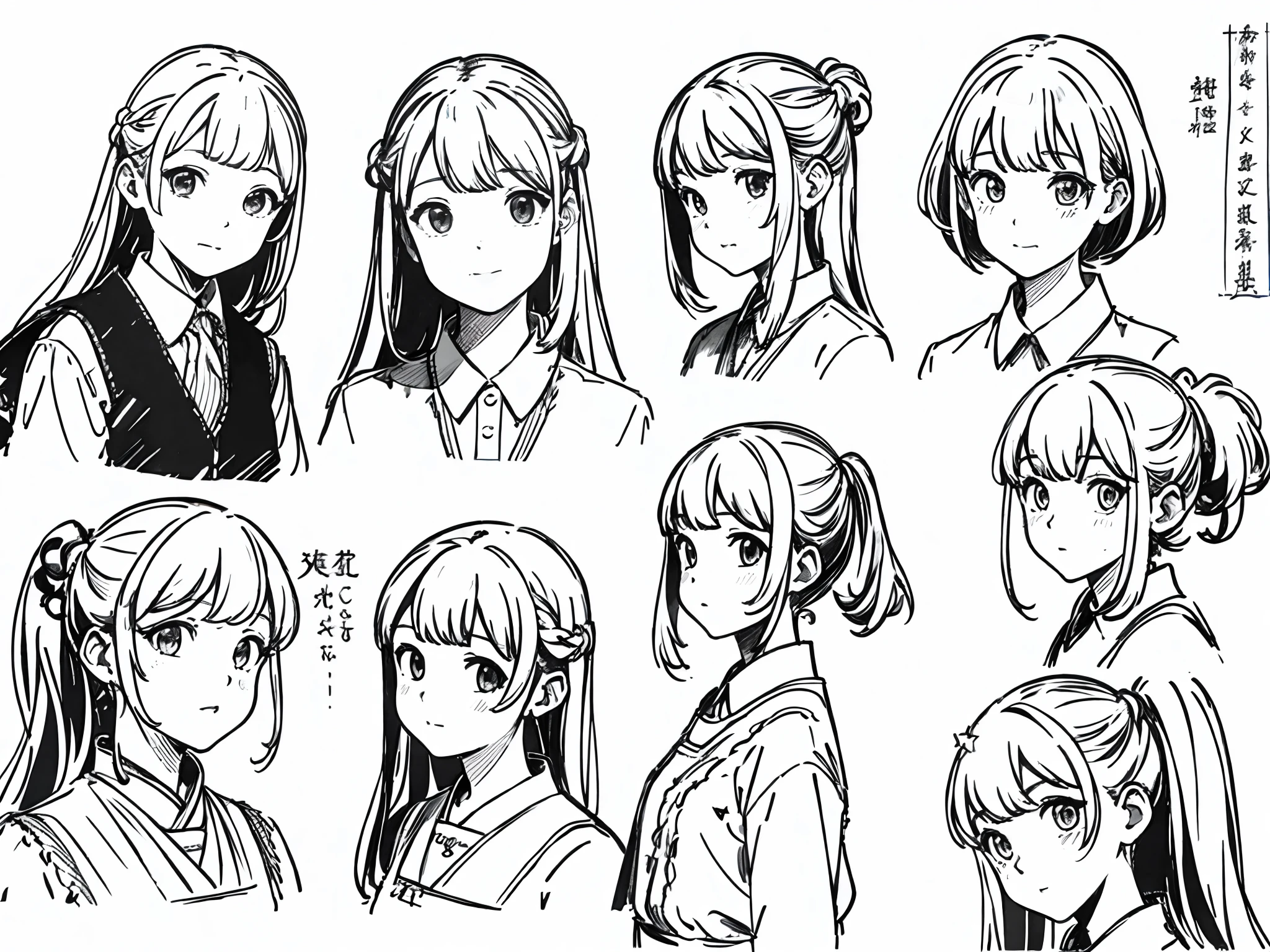 ((masterpiece)),(((best quality))),(character design sheet, same character, front, side, back), illustration, 1 girl, hair color, bangs, hairstyle fax, eyes, environment change scene, hairstyle fax, Zitai pose, woman, Shangyi shirt, star, Charturnbetalora, (single background, white background: 1.3), --6 different poses, kawai, ((sketch)), (monochrome)