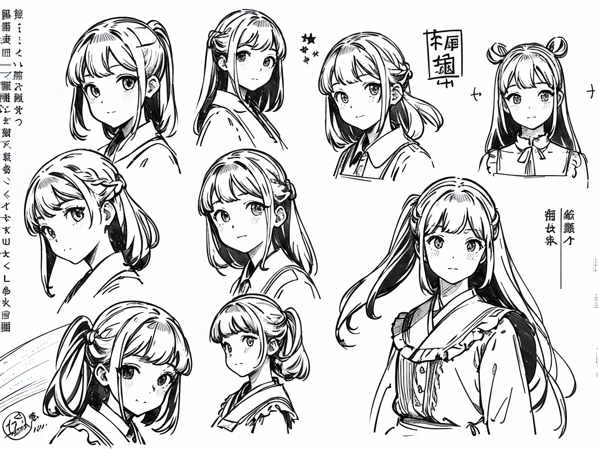 ((masterpiece)),(((best quality))),(character design sheet, same character, front, side, back), illustration, 1 girl, hair color, bangs, hairstyle fax, eyes, environment change scene, hairstyle fax, Zitai pose, woman, Shangyi shirt, star, Charturnbetalora, (single background, white background: 1.3), --6 different poses, kawai, ((sketch)), (monochrome)