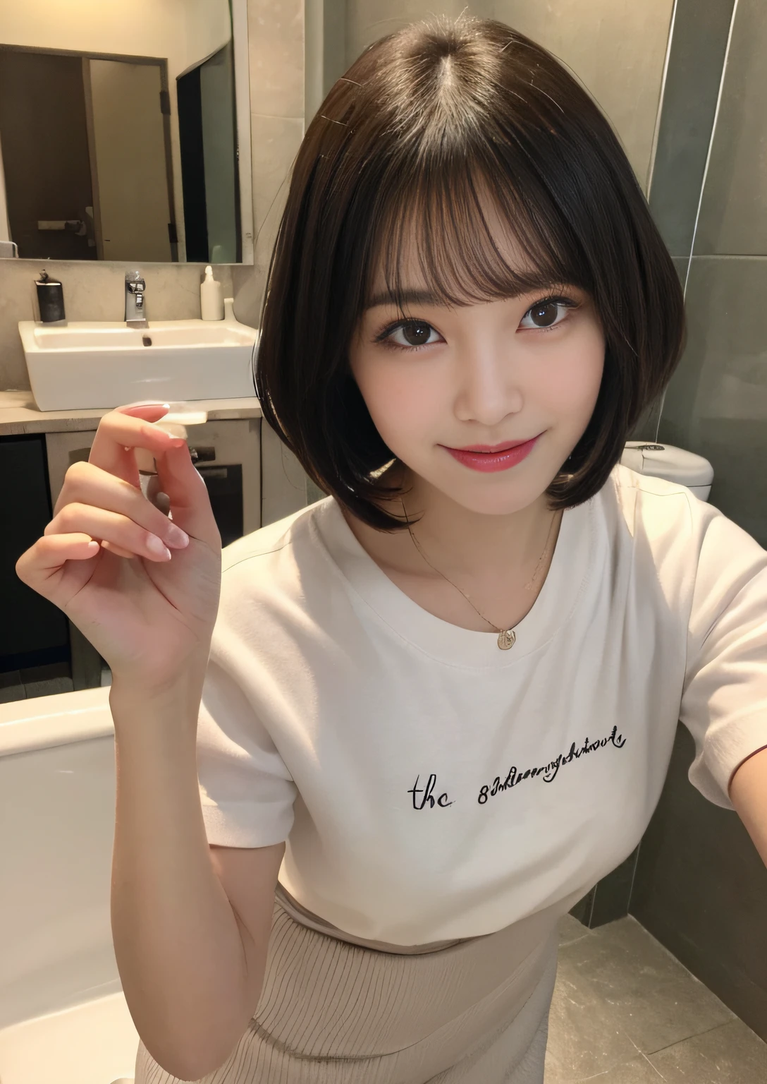 finely detail, hight resolution, hightquality、Perfect dynamic composition, Beautiful detailed eyes, Bob Layer Cut、frombelow、Gaze、From below、From below、long legged、despise、Looking at the camera、Hold in hand、Natural Color Lip, 28 year old、1 persons、Transparent skin、sexy langeries、Bathroom、浴室、Fashionable clothes、Shibuya、Gelato Pique、room wear、Fashionable、beauty legs、Futomo、Shake your head、Smile、laught、laught、