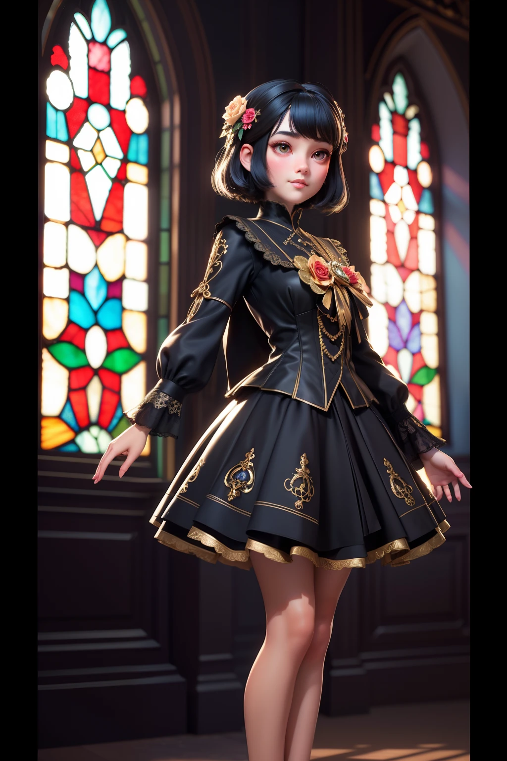 3dmm style, (masterpiece, best quality), intricate details, 1girl, solo, black hair, flower hair clip, short black dress, looking at the viewer, Stained glass style art of full body portrait of a beautiful girl in costume 、colourfull、Photorealsitic、highcontrast、Highly detailed background， Realistic，ultra-detailed， super detailed skin， light glow， Film grain， Expro II， Lens Flare， Sharpen， cinematic shadow