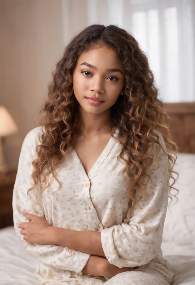 Pretty black girl with curly brown hair with blonde highlights with hazel eyes and slim waist wearing silky pajamas with furry slippers inside of bedroom with led lights