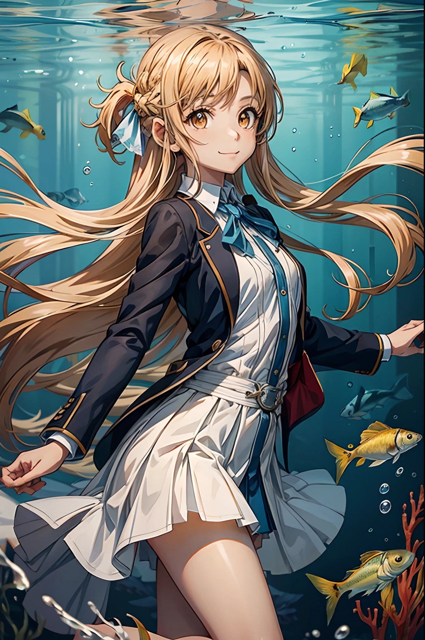 Highly detailed CG Unity 8k wallpaper, Asuna、[3D images:1.15]、、((underwater background、Anime girl with brown hair and brown eyes)), Over all、a smile、Beautiful small fish、underwater hair physics,Air bubbles,Light coming in from water,Reflectors,Put in water,Split layer of water,school of fish,Beauty,Attractive eyes、[[A detailed eye、Colorful eyes、radiant eyes:1.15]], poneyTail, Blazer, Blue jacket, Blue Ribbon, Blue skirt, buttoning, Collared shirt, Jacket, Long sleeves, Neck ribbon, Pleated skirt, bow ribbon,Swim gracefully