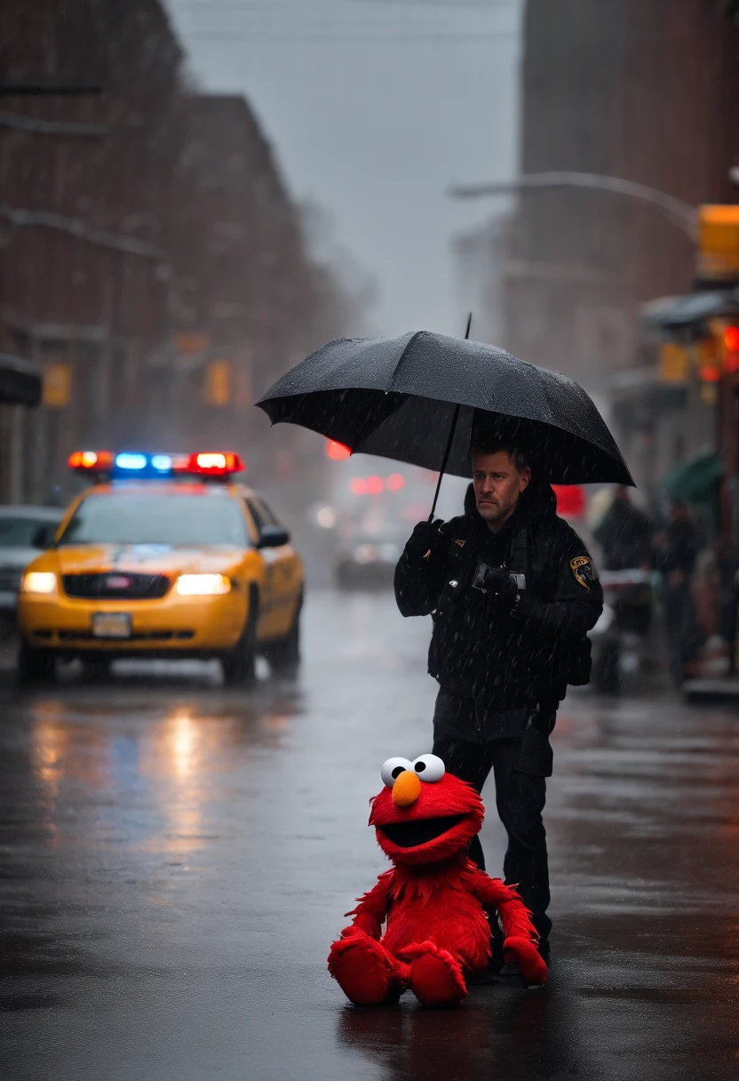 Elmo who is a red puppet with a orange nose is wearing a black hoodie in the pouring rain sitting down he is upset looking down at the ground it’s night time and u can see the rain going down he is upset and there is a gun in his hand and he is in hand cuffs with the background he is a grown up he is and adult he there are a bunch of cops and cop cars in the background and the news station is there their is is cops and cop cars and he is mad there is money on the ground it’s raining