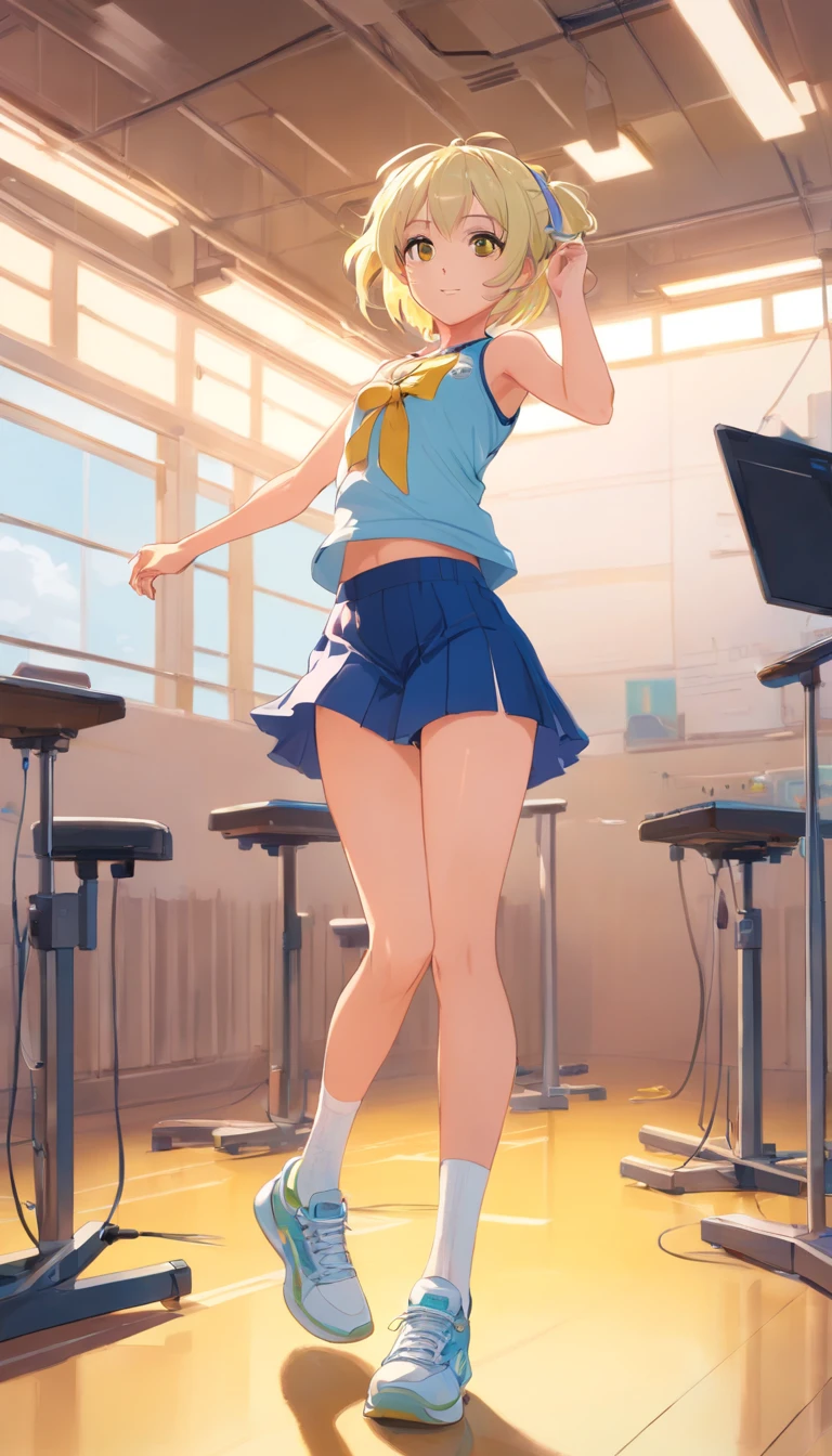 best qualtiy, tmasterpiece, 超高分辨率, realisticlying, 1 girl, long white hair,Heterochromic pupils,Long legs,With a headset,(Lace lingerie big breasts),head looking up,cheerfulness,Light yellow tube stockings,Light yellow sneakers,Dance in the practice room,wide angles