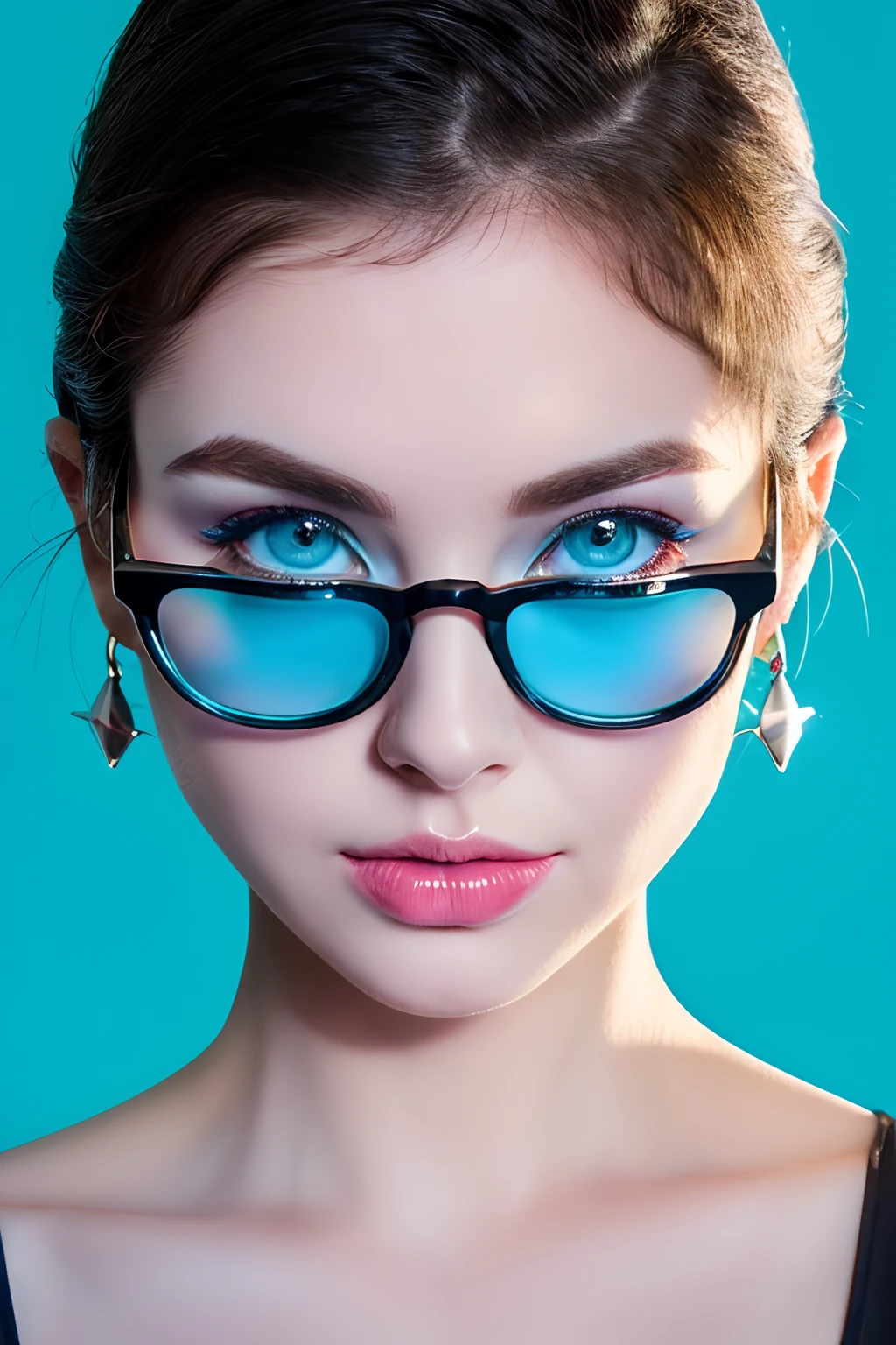 black hair, eyeglasses, stud earrings, vintage, Feminine, blue eyes, 8K, Masterpiece, Best Quality, great details) , (high saturation, best shadows, best light, Extremely delicate whitening) Dark Style