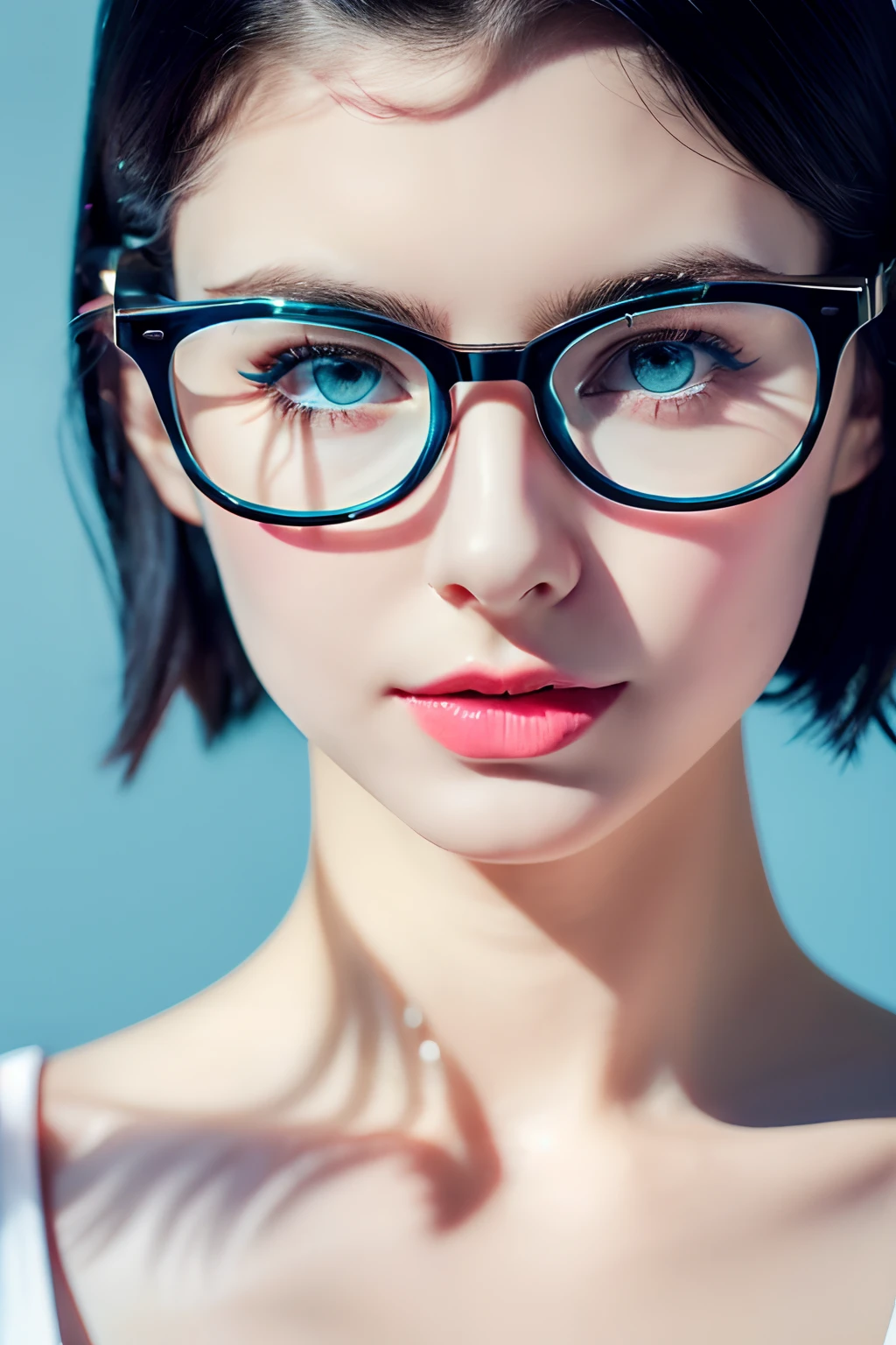 black hair, eyeglasses, stud earrings, vintage, Feminine, blue eyes, 8K, Masterpiece, Best Quality, great details) , (high saturation, best shadows, best light, Extremely delicate whitening) Dark Style