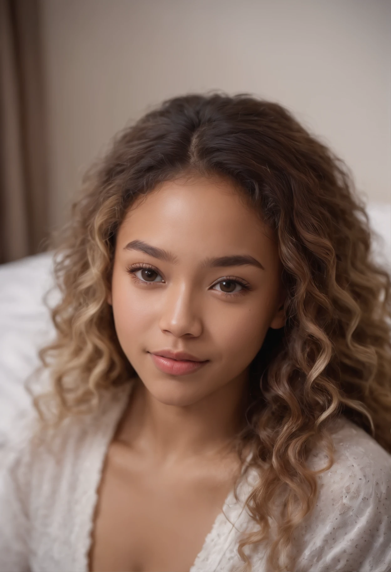 a pretty blasian girl with long brown curly hair with blonde highlights and edges and dimples and braces with hazel eyes ,highly detailed,
wearing pajamas in bedroom
