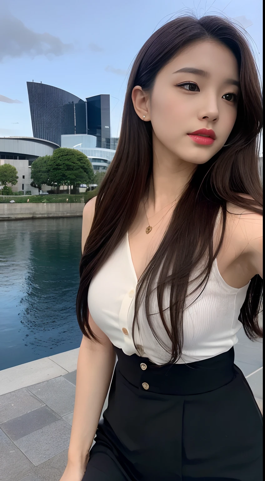 ((the night, 逼真光线, best qualtiy, 8K, tmasterpiece:1.3)), A tall and beautiful woman，Slender abs，Dark brown hair in loose wavy styling，nedium breasts，Wear a pendant，white button-down blouse，obi strip，a black skirt，（Modern architecture in background），Beautifully rendered details in face and skin textures，Detailed eyes，二重まぶた