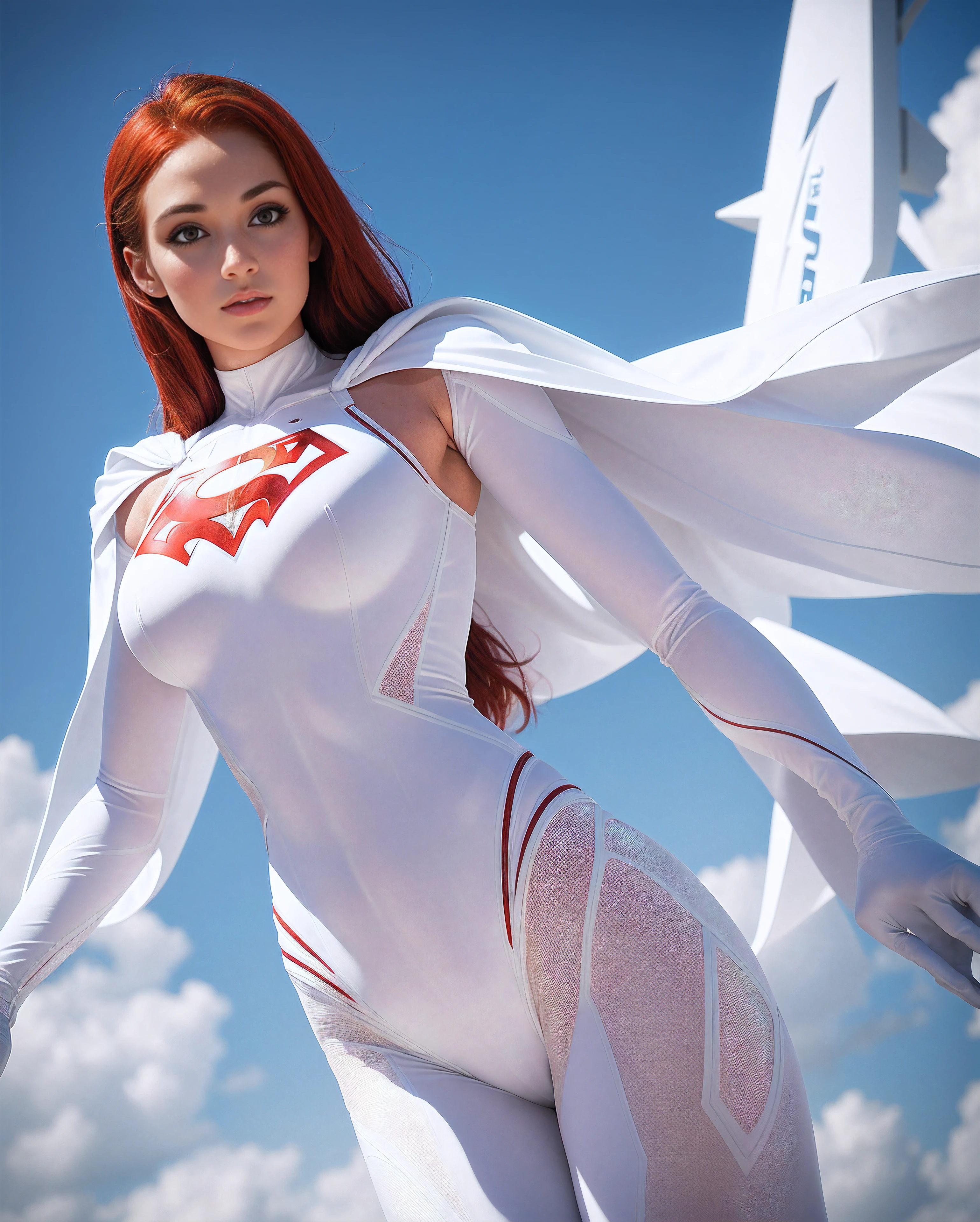 A 25-year-old girl with red hair in an elaborate white long-sleeved Superman costume, covering the whole body, white capelet, White Superman Costume, Suit with white carbon fiber details, flying in the sky, thigh gap, (Posing on the display:1.2), (intricate details:0.9), (HDR, hyper-detailing:1.2), (natural skin textures, hyper realisitc, Sharp), Photos in RAW and 35mm format, Photo below. Hover over the camera