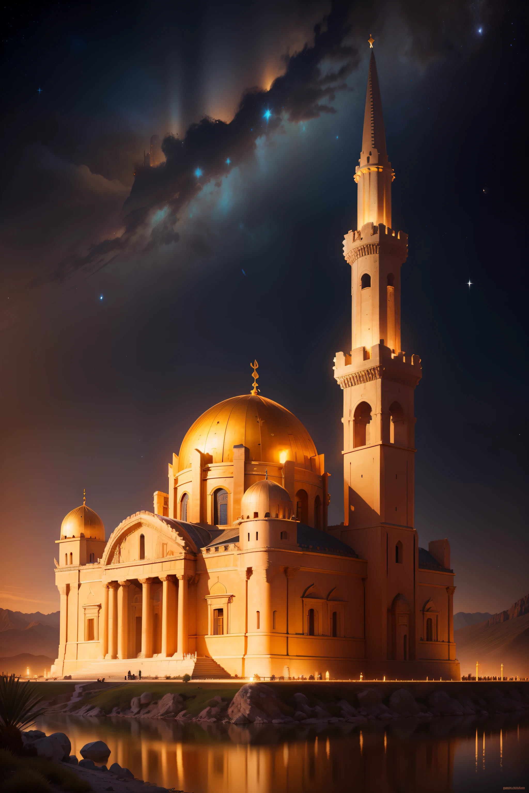 Antique architecture,babel,Mountains,the night,Stars,Castle,Golden Palace,Islamic culture,Greek classical culture,Interstellar culture