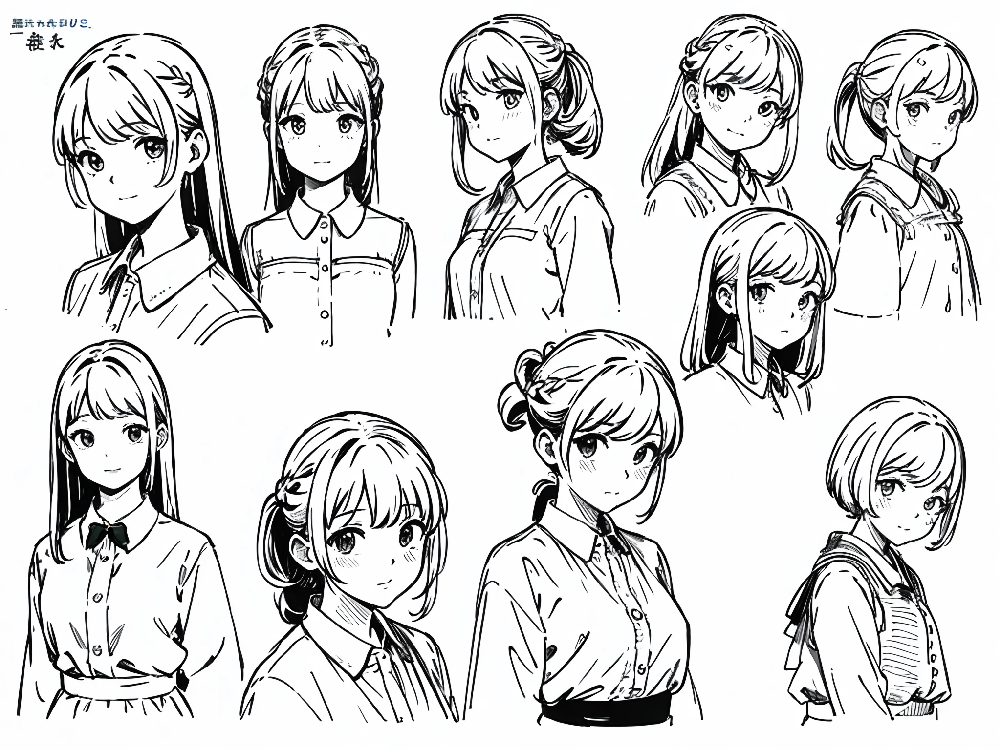 ((masterpiece)),(((best quality))),(character design sheet, same character, front, side, back), illustration, 1 girl, hair color, bangs, hairstyle fax, eyes, environment change scene, hairstyle fax, Zitai pose, woman, Shangyi shirt, star, Charturnbetalora, (single background, white background: 1.3), --6 different poses, kawai, ((sketch)), (monochrome)