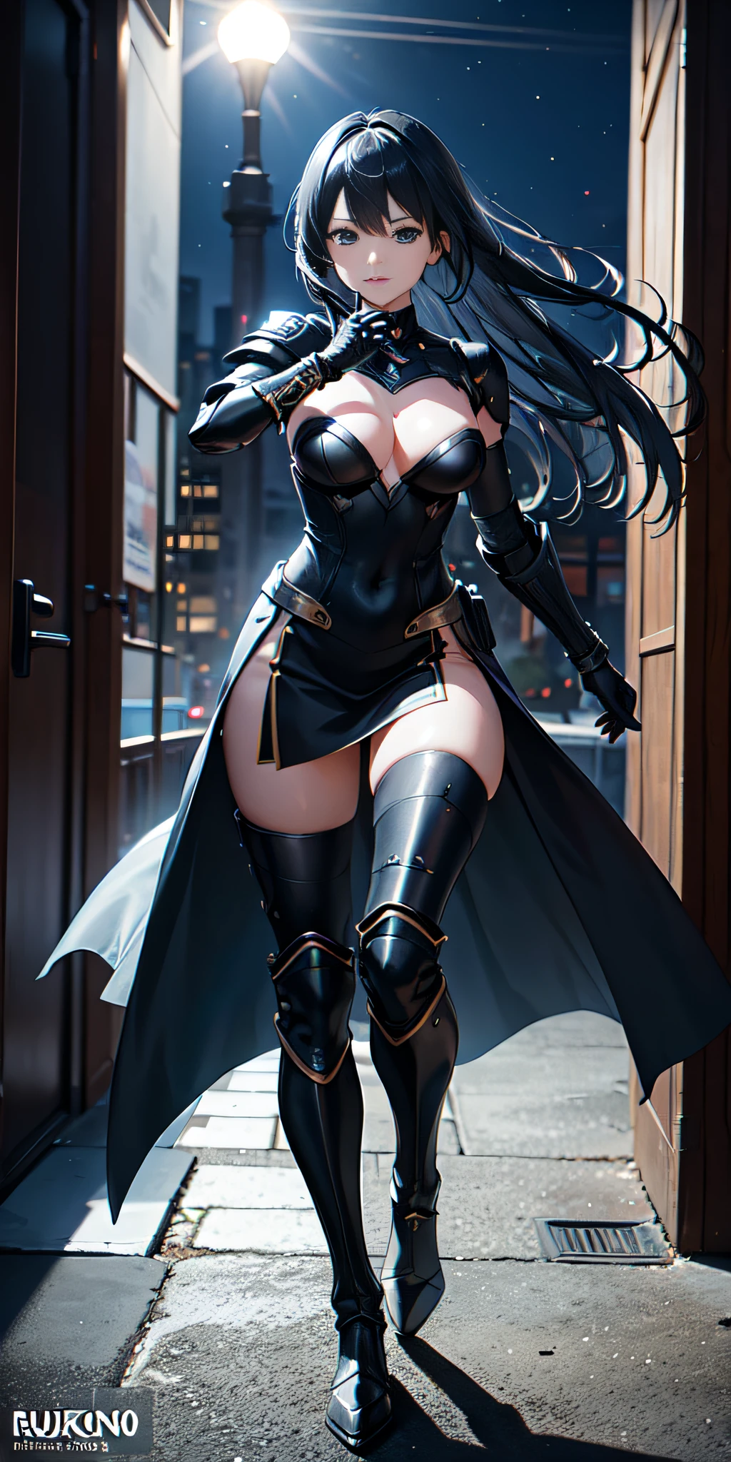 Full body view, (masterpiece, best quality), (dramatic), gritty, intense, anime character, dynamic fighting pose, 1girl only, black hair, (Hairstyle: tied), (Wearing futuristic armor), Armored gauntlets, with 50% miniskirt, Knee-high boots with high heels, fringe covers the left eye, a closed fist, Beautiful and symmetrical face, Beautiful bright blue eyes, vibrant colors, Night, highest quality digital art, Unparalleled masterpiece, dynamic lighting, epic, Cowboy shot, (intricate details), Canon EOS R50 camera with Canon R50 RF-S 50mm IS STM lens