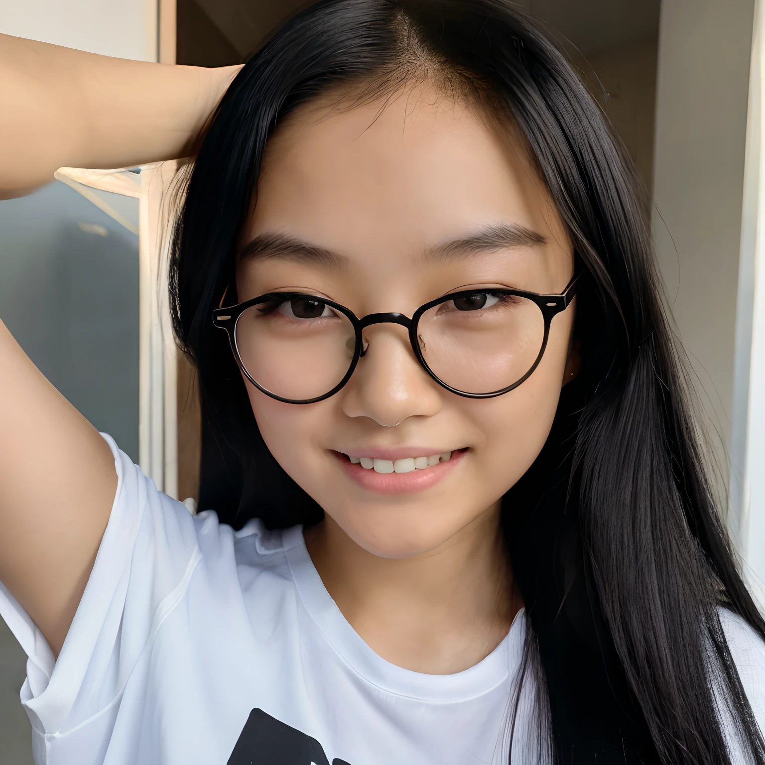 Very young female, half chinese, small slit-eyed, glasses, black hair, flawless white skin, long hair, photorealistic, best quality, hyper detailed, middle school student, beautiful woman, selfie photo, upper body, solo, wearing casual clothes, without makeup, school (cheerful, happy), looking at viewer, skin texture, film grain, close up, ultra high res, best shadow, RAW, instagram LUT