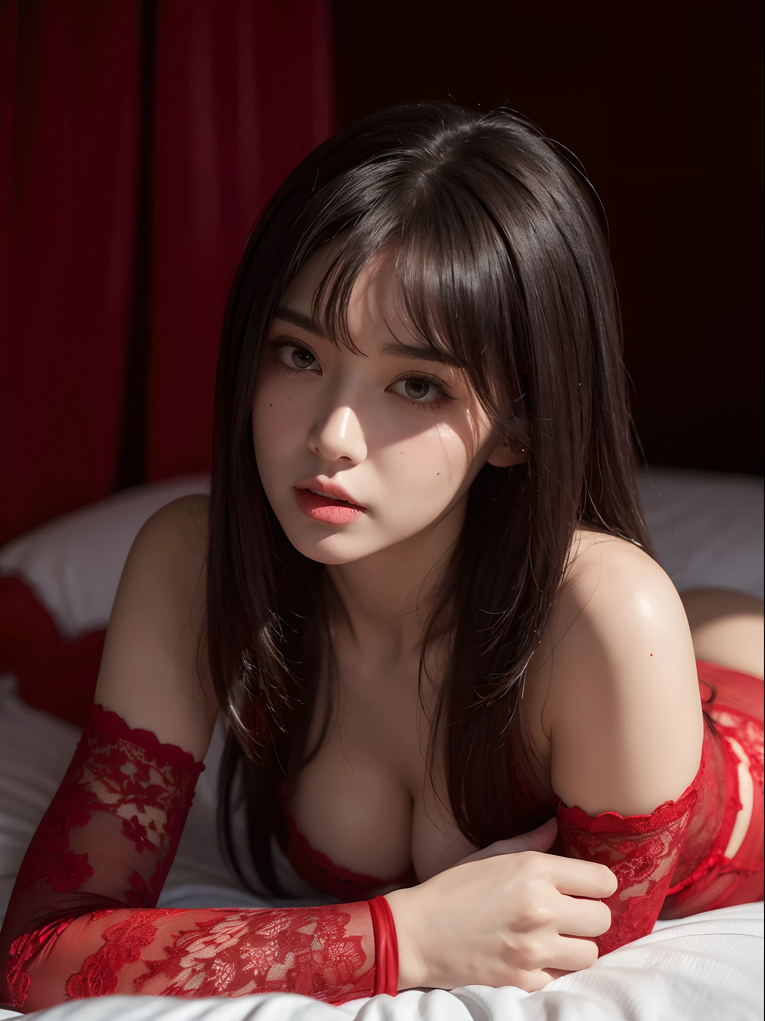 (realistic photo, best quality), (realistic, photo-realistic), best quality, highly detailed, (medium saturation), detailed eyes, masterpiece, (nsfw), (dark ambiance, cold), 1girl, long grey hair with bangs, laying down, multiple body moles, petite, huge breast, cleavage, red corset, red lace bodysuit, (flushed face expression), blushing, red lace stocking