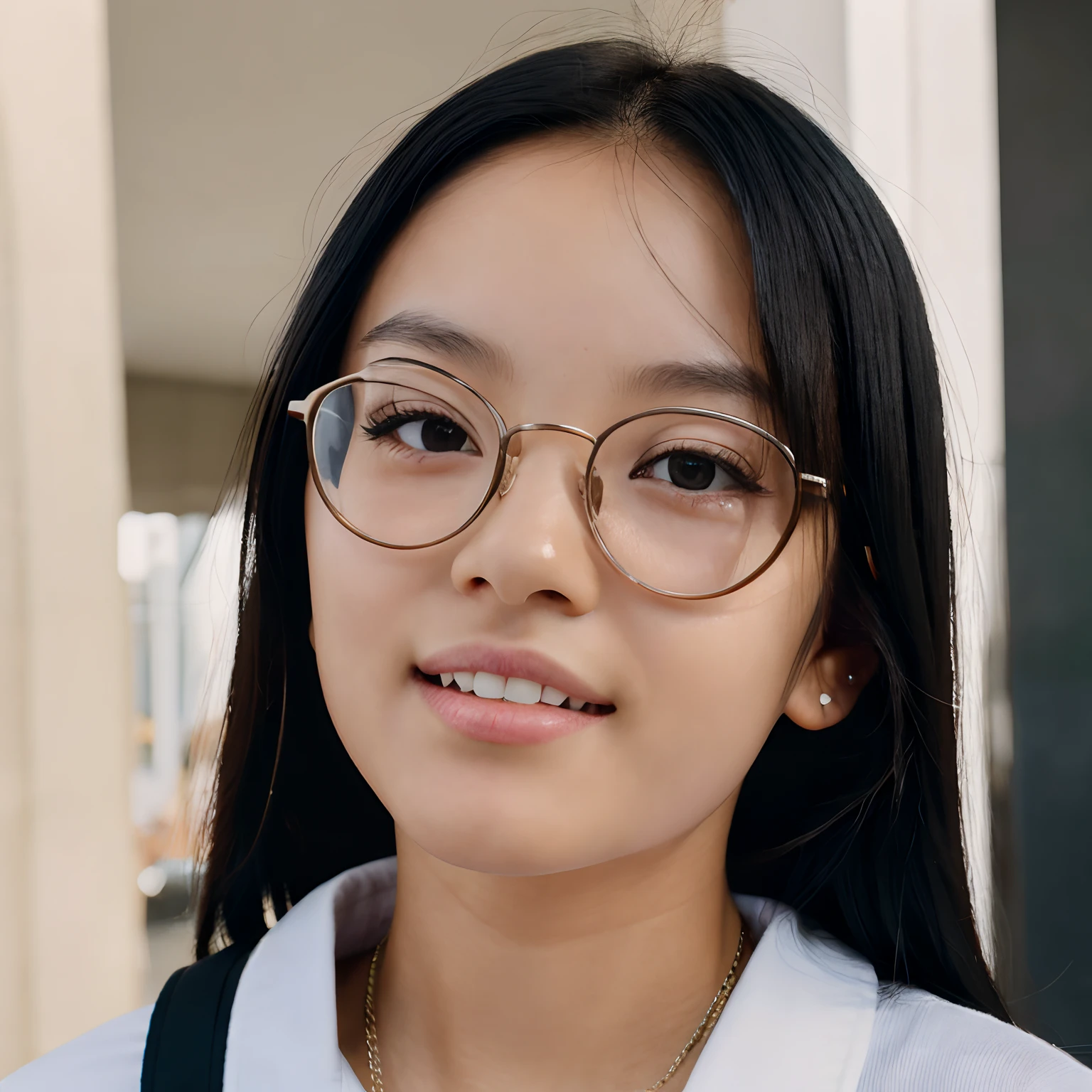Very young female, half chinese, small slit-eyed, glasses, black hair, flawless white skin, long hair, photorealistic, best quality, hyper detailed, middle school student, beautiful woman, selfie photo, upper body, solo, wearing casual clothes, without makeup, school (cheerful, happy), looking at viewer, skin texture, film grain, close up, ultra high res, best shadow, RAW, instagram LUT