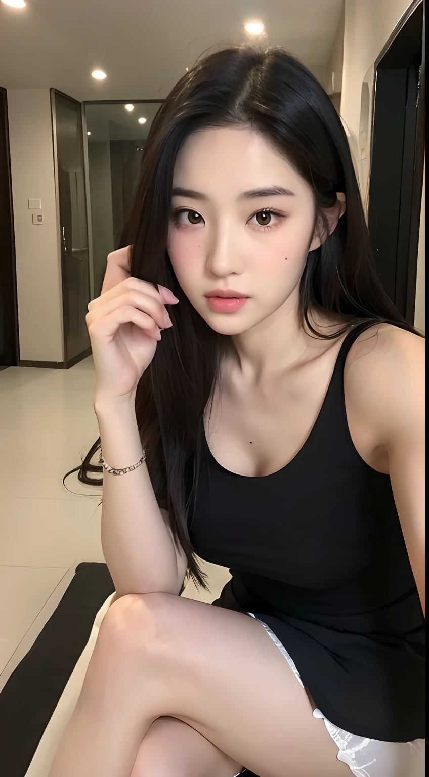((Best quality, 8K, Masterpiece :1.3)),Beautuful Women,Hide your face,2 girls,big breasts beautiful:1.3,Slender abs:1.1,white stockings,,cabelos preto e longos,(sit on a bed),Super detailed face,Highly detailed lips,A detailed eye,Double eyelids are clearly focused :1.2, perfect figure beautiful woman:1.4, Slim abs:1.2, ((Layered Hair Style:1.2)), (Tank top shirt:1.1 ), (hallways:1.2), Highly detailed facial and skin texture, A detailed eye, 二重まぶた