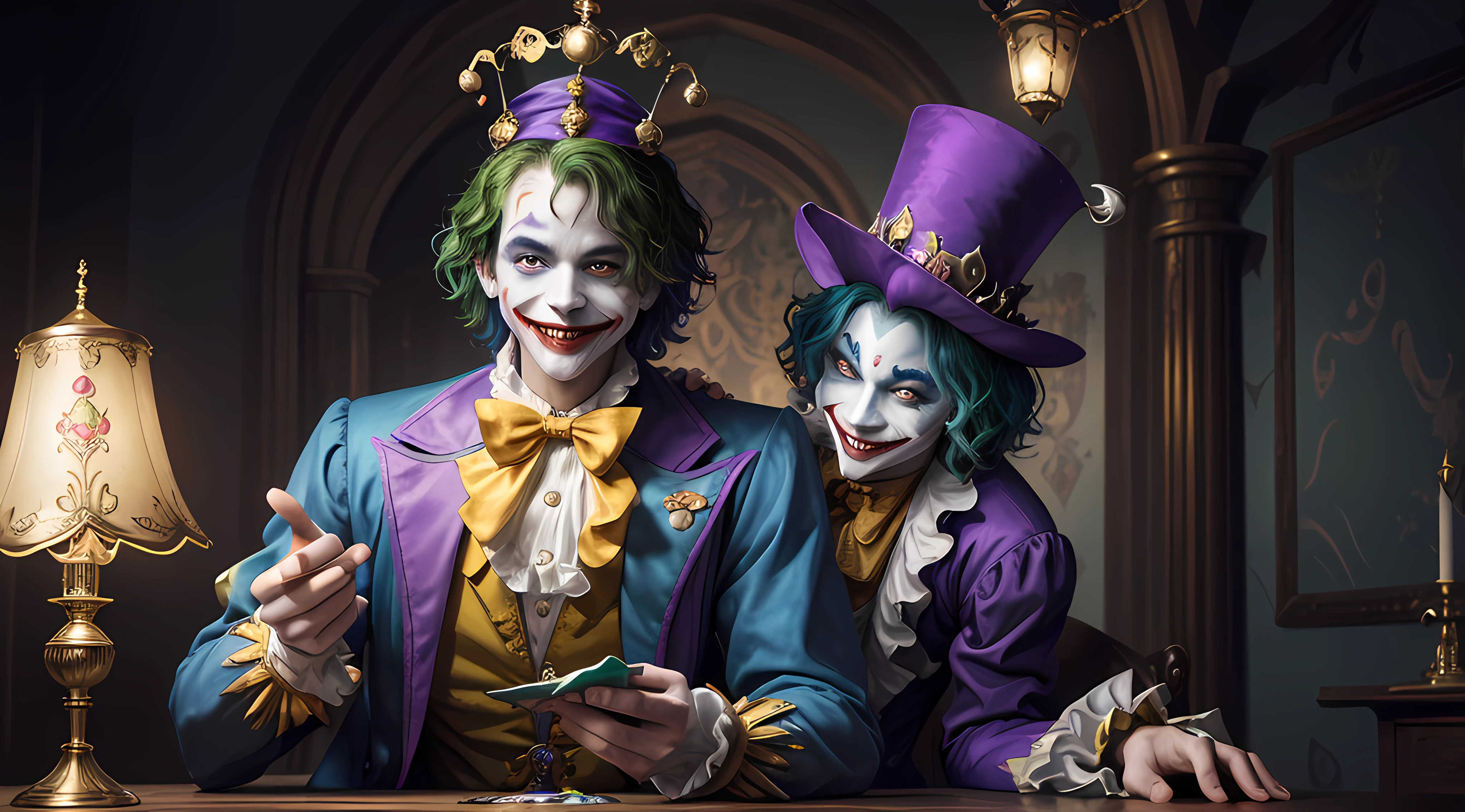 (Masterpiece: 1.2), a jester of the king (Joker) magically comes out of his game card (like the genius of his lamp). Buffoon with beautiful colors on his costume, a pointed hat with bells, coarse makeup, mischievous smile (bright colors, digital art, digital photography, best quality, ultra detailed, HDR, 16k), disney characters.