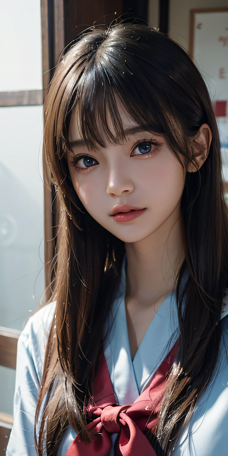 masterpiece, 1 beautiful girl, A detailed eye, Swollen eyes, top-quality, 超A high resolution, (reality: 1.4), 电影灯光, japanes, Trendy Korean Cosmetics、a asian beauty, very extremely beautiful, Beautiful skins, A slender, Forward-facing body, (A hyper-realistic), (hight resolution), (8K), (ighly detailed), ( Best Illustration), (beautifully detailed eyes), (ultra-detailliert), (wall-paper), 详细的脸, Bright lighting, Professional Lighting, looking at the viewers, Facing straight ahead、a pixie cut、Neat and clean clothing、background slightly blurred、Hair color is black、Hair color is partially bright blue、Japanese high school girl、School Uniforms、Amazing smile、Eye color is brown、Colossal tits、poneyTail