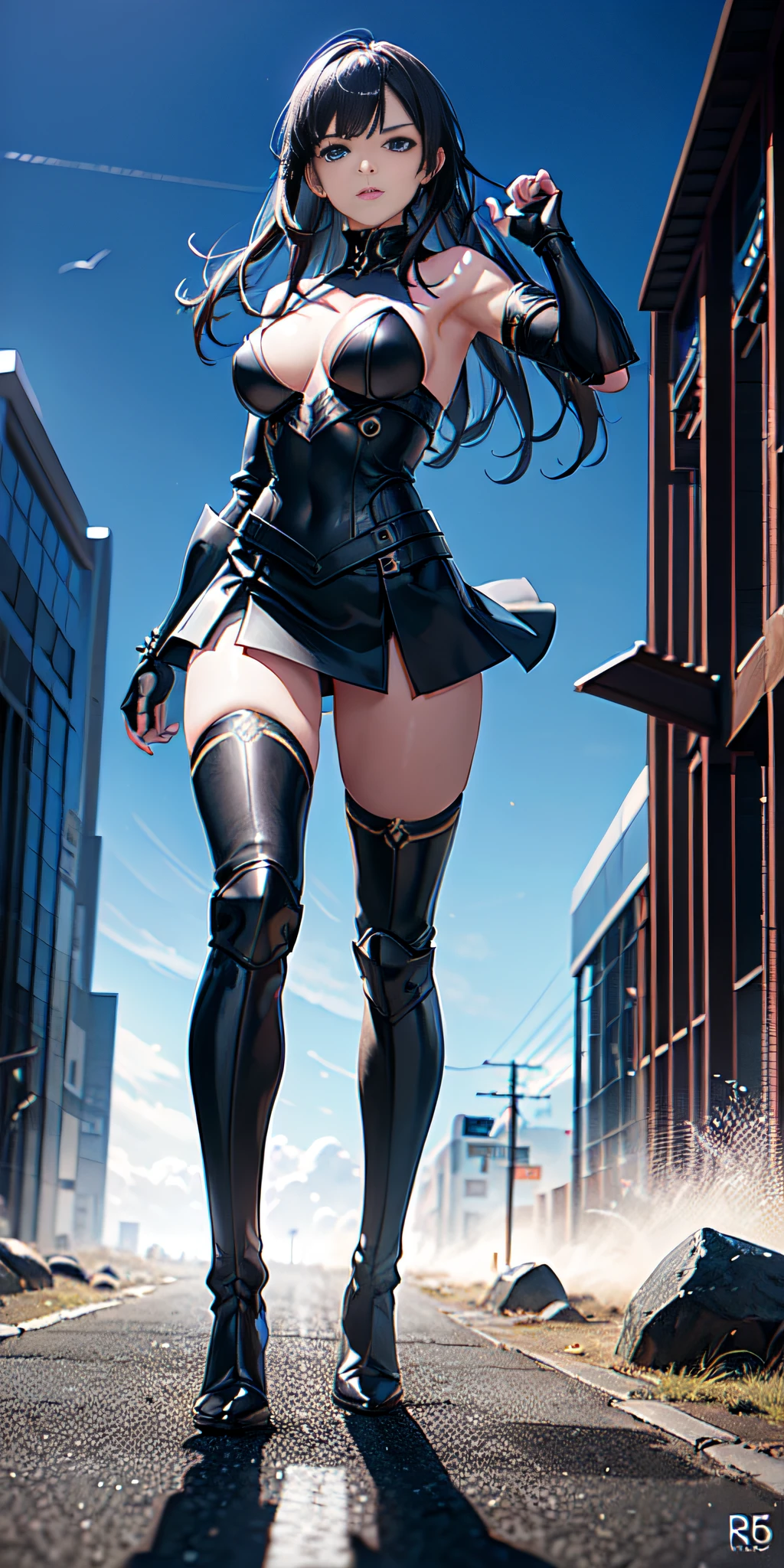 Full body view, (masterpiece, best quality), (dramatic), gritty, intense, anime character, dynamic fighting pose, 1girl only, black hair, (Hairstyle: tied), (Wearing futuristic armor), Armored gauntlets, with 50% miniskirt, Knee-high boots with high heels, fringe covers the left eye, a closed fist, Beautiful and symmetrical face, Beautiful bright blue eyes, vibrant colors, Night, highest quality digital art, Unparalleled masterpiece, dynamic lighting, epic, Cowboy shot, (intricate details), Canon EOS R50 camera with Canon R50 RF-S 50mm IS STM lens