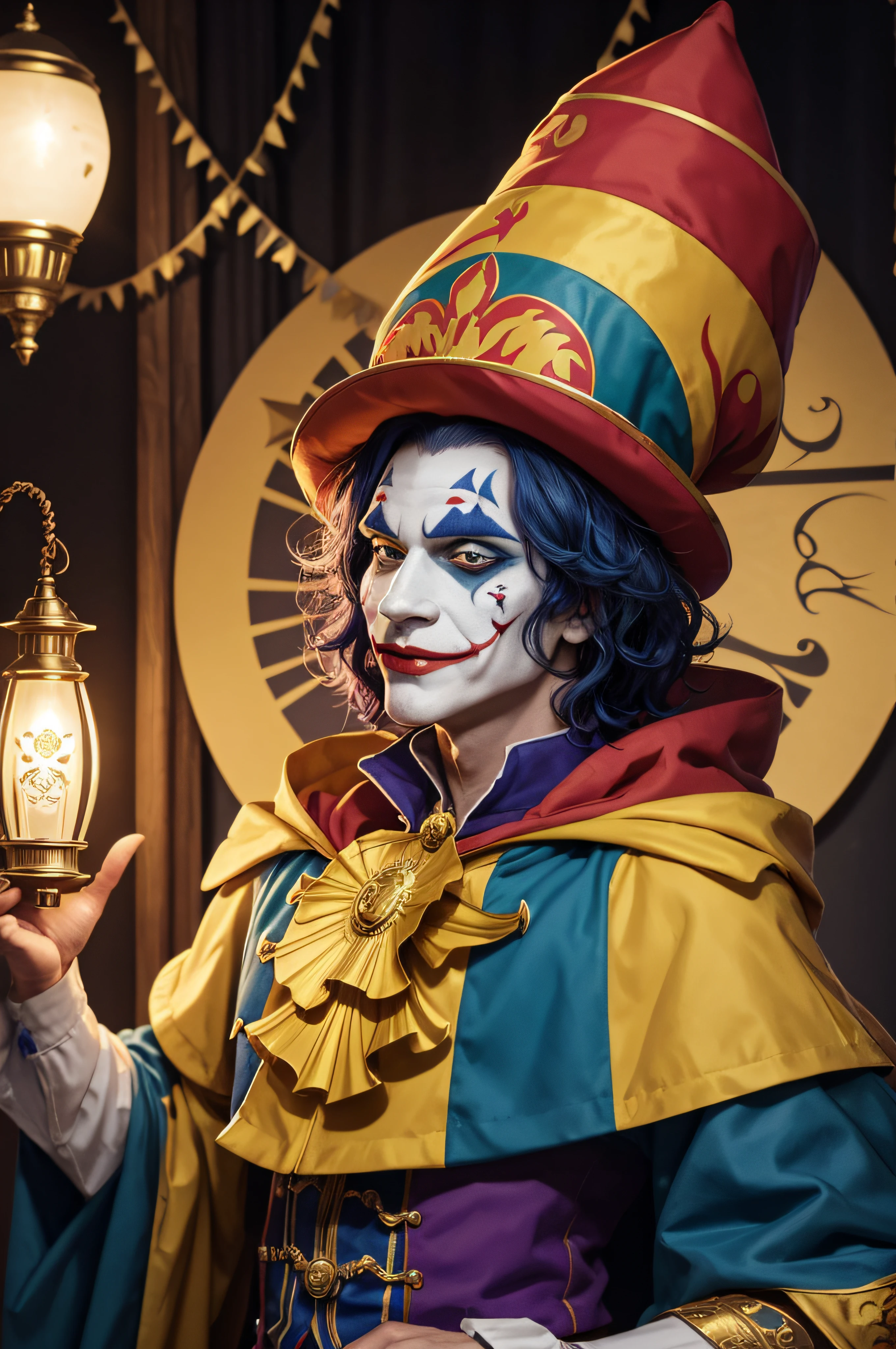 (Chief-dœudansre: 1.2), (sticker) a jester of the king (Joker) comes out of his game card (like the genius of his lamp). Buffoon with beautiful colors on his costume, a pointed hat with bells, coarse makeup (bright colors, digital art, digital photography, best quality, ultra detailed, HDR, 16k), disney characters. volume sticker