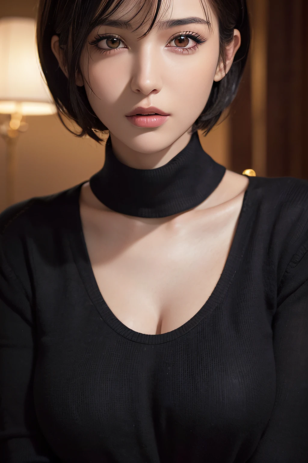 (masterpiece:1.3), (8k, photorealistic, RAW photo, best quality: 1.4), (1girl), beautiful face, (realistic face), (black hair, short hair:1.3), beautiful hairstyle, realistic eyes, beautiful detailed eyes, (realistic skin), beautiful skin, (sweater), absurdres, attractive, ultra high res, ultra realistic, highly detailed, golden ratio