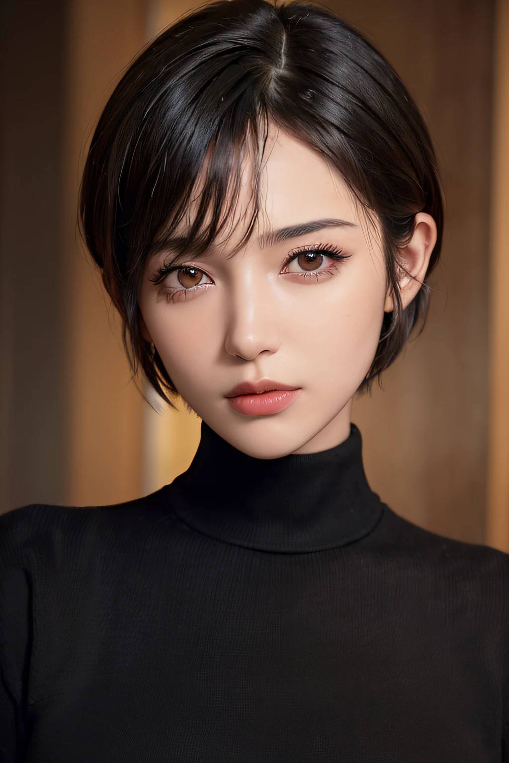 (masterpiece:1.3), (8k, photorealistic, RAW photo, best quality: 1.4), (1girl), beautiful face, (realistic face), (black hair, short hair:1.3), beautiful hairstyle, realistic eyes, beautiful detailed eyes, (realistic skin), beautiful skin, (sweater), absurdres, attractive, ultra high res, ultra realistic, highly detailed, golden ratio