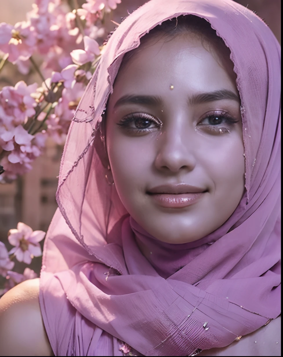 Muslim girl, lavender and pink flowers background, diamond tears coming out of eyes, beautiful smile
