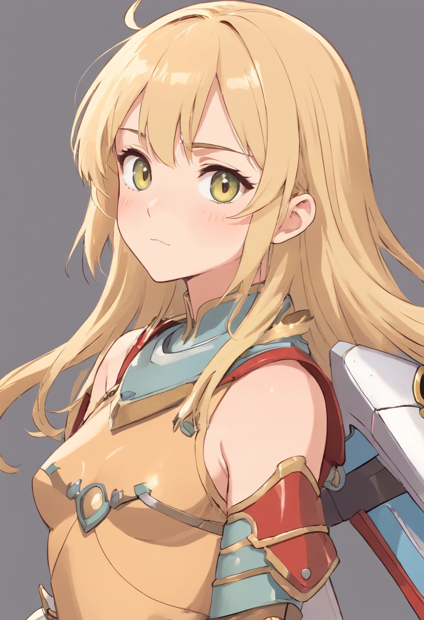 Blank background, character sheet, warrior girl, young, loli, flat chest, blonde hair, skimpy armor