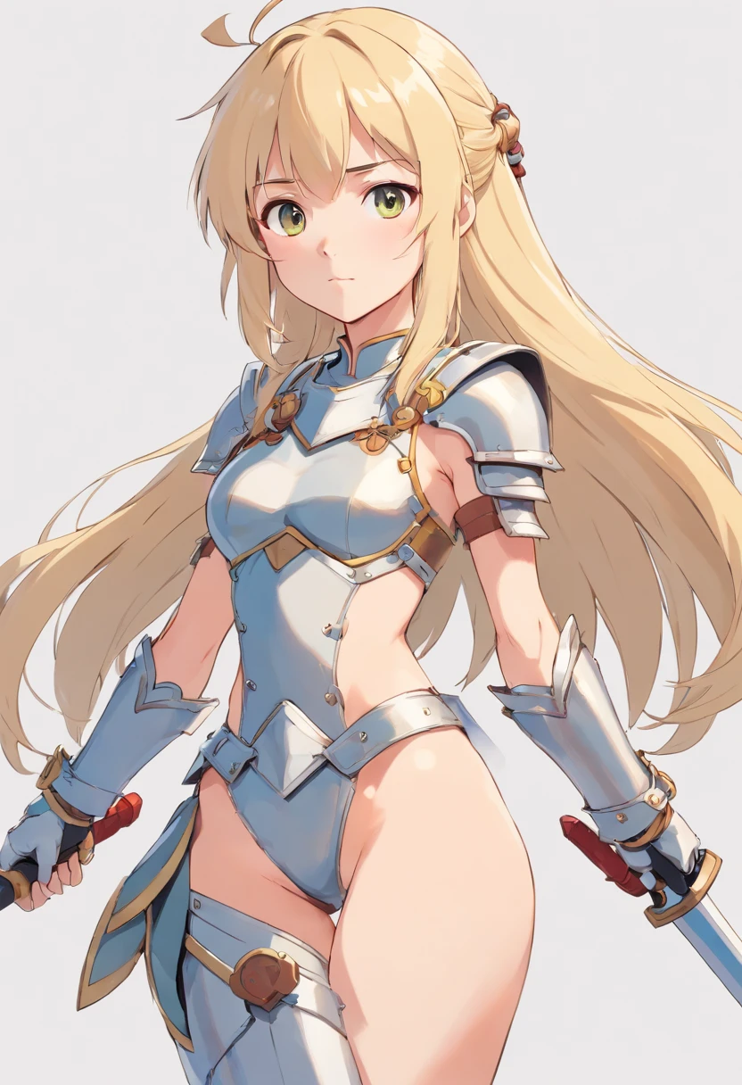 Blank background, character sheet, warrior girl, young, , flat chest, blonde hair, skimpy armor