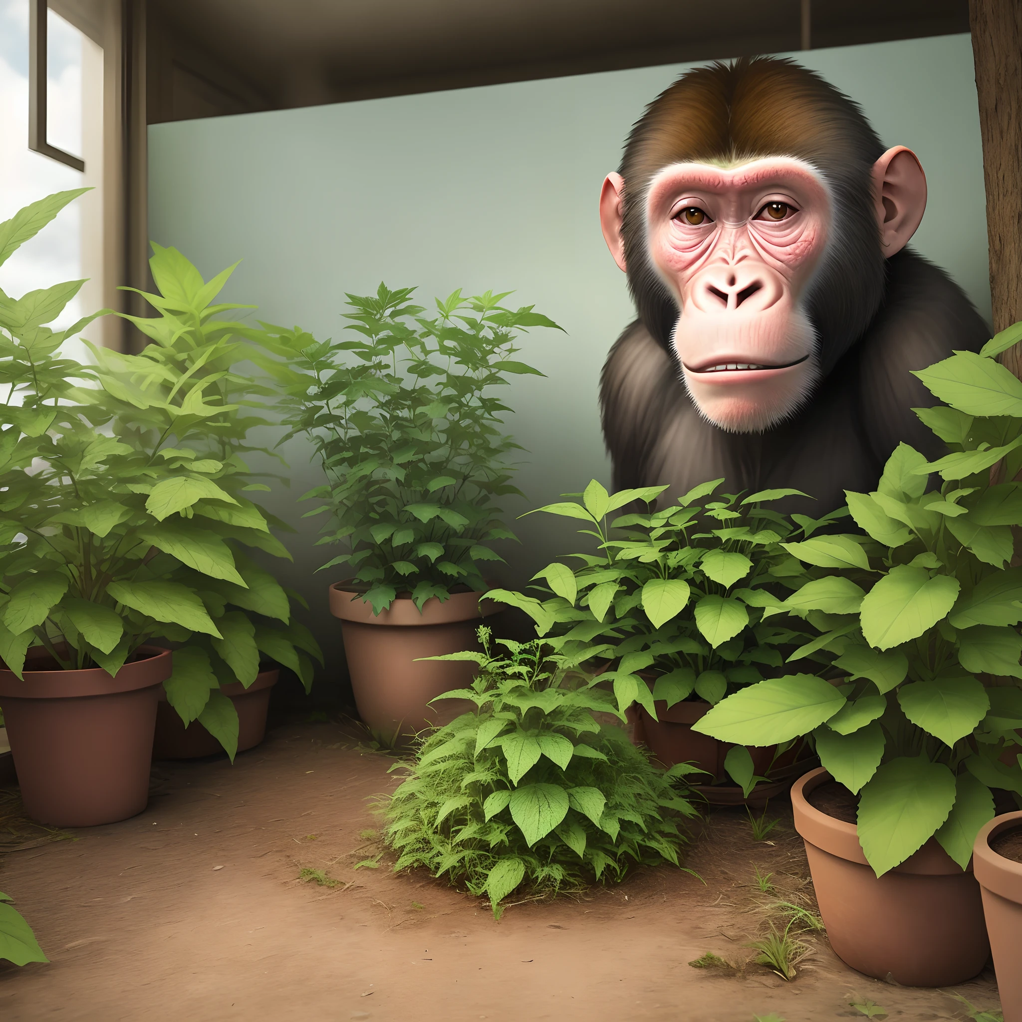 Realistic photo of a weed plant that got combined it with a monkey