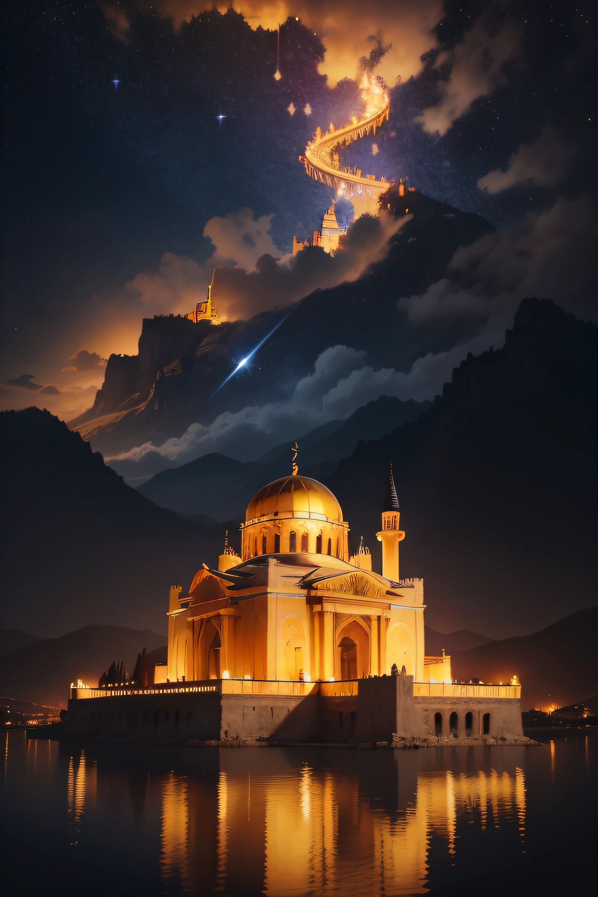 Antique architecture,babel,Mountains,the night,Stars,Castle,Golden Palace,Islamic culture,Greek classical culture,Interstellar culture